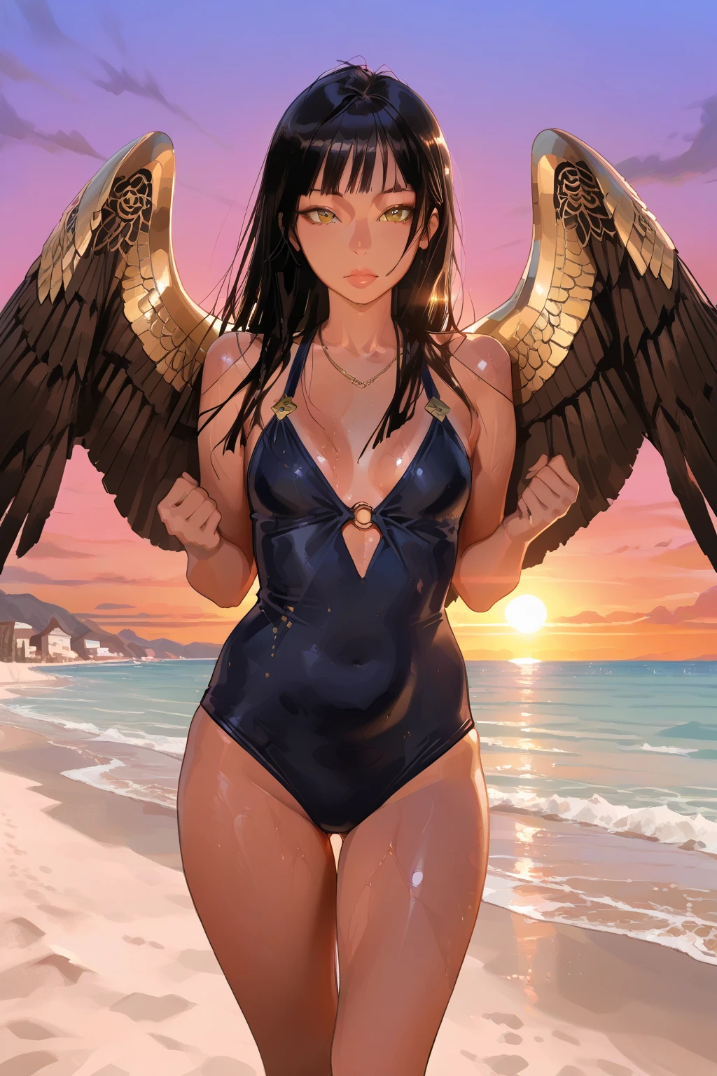 ((Seductive lady:1.3, solo:1.2))、((fusion of Harpy and lady:1.4))、((Winged On the back:2))、((arms behind head:1.5))、((feathers:1.2))、((dynamic angle:1.5))、((Soaring in the sky:1.5))、((blue sky background:1.2))、((full body))、looking down at viewer、((underboob:1.3))、((Glossy realistic skin texture))、((shiny skin))、masterpiece, ultra-detailliert, 8k, hiquality, Top image quality, Smooth texture、watercolor