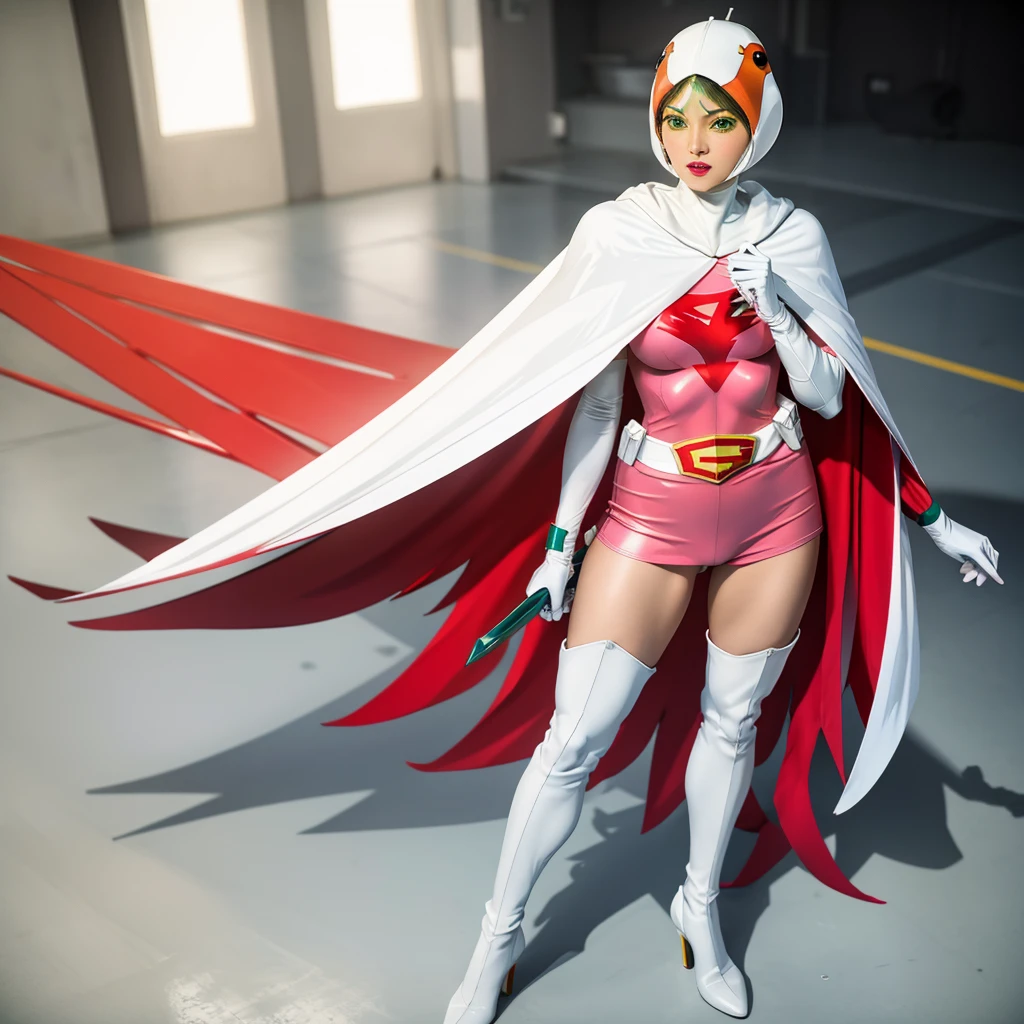 YEARS_classic_jun_gatchaman_propiowaifu,1 girl, 15 years,good anatomy, masterpiece, Best Quality,realist, hyperrealist, 16k hdr,old,green eyes,Lips,large old,Lipstick,make up,gloves,layer,hull,belt,elbow gloves,white gloves,face mask,Ultra miniskirt,leotard,Space suit,tight white high heel over the knee boots,pink dress,superhero,mono,neckline,erect nipples,(standing postures),camel toe