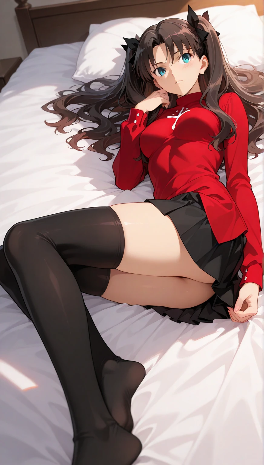 tohsaka-rin、Japanese 18 year old girl with slim body、独奏、Full body portrait from head to toe、Portrait composition from above、small tits、long hair of light colors、red blush、Embarrassed look、White bra、white panties、Black pantyhose、Black tights、black pantyhose、Black Knee High Socks、white panties、No shoes on、lying straight on the bed、????? pose、White panties are visible、bedroom、inside in room、during daytime