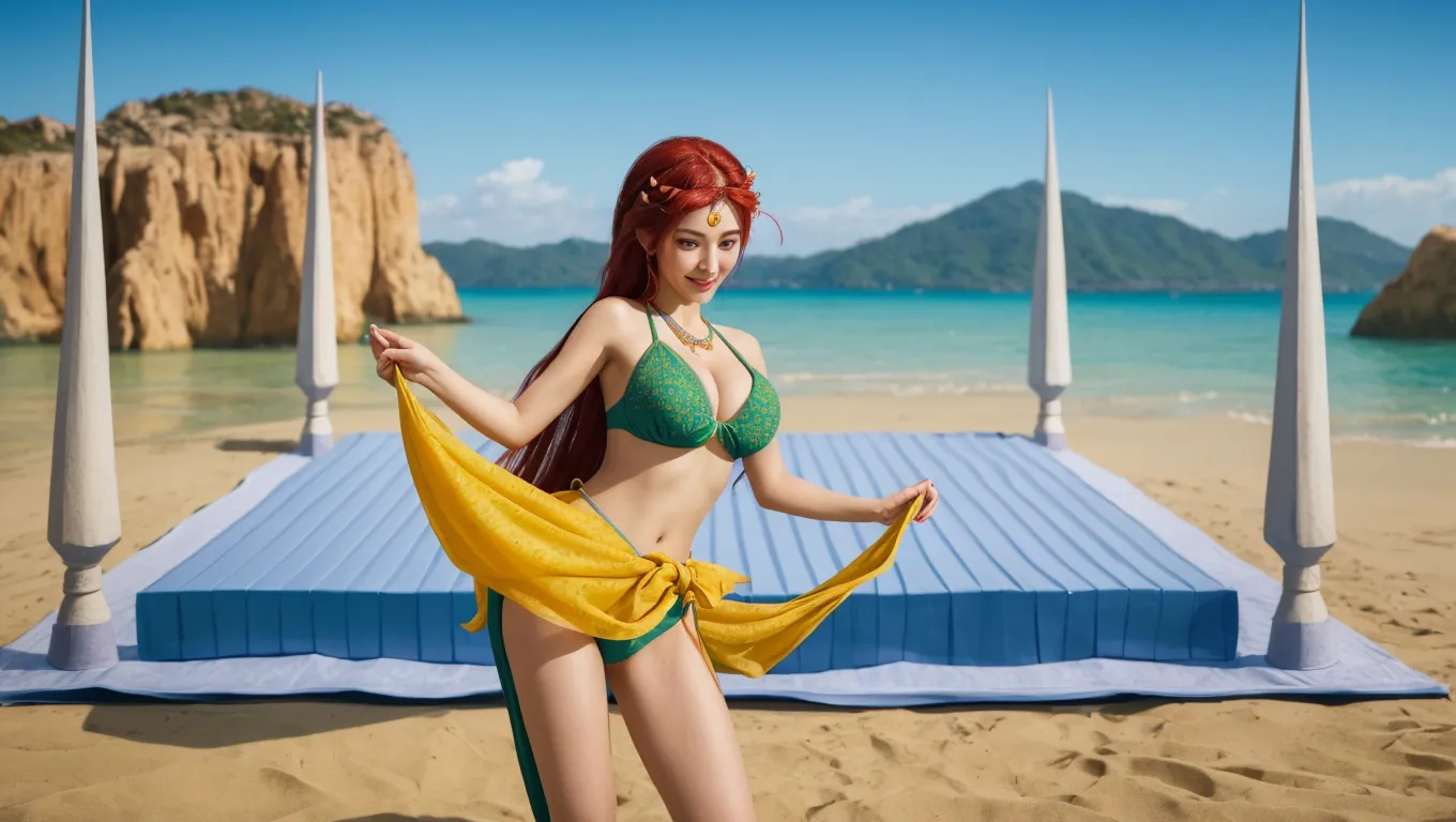 Fine, (Best Illustration), 8k Resolution, Intricate Details, Best Quality, Realistic, Ultra Detailed, Best Lighting, Best Shadows, Ultra HD, (mermaid), (shining red eyes:1.6), masterpiece, high_res, Beautiful face, tyndall effect, photo realistic, (high detailed skin:1.2), 8k uhd, dslr, high quality, Photograph, high resolution, 4k, 8k, Bokeh, medium breasts, absurdres, ponytail contorted, best ratio four finger and one thumb, seashell bras, seascape background,