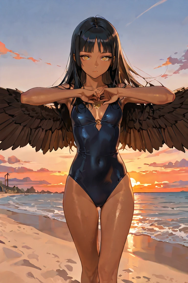 1girl, Ichika, black hair, long hair, hair bangs, hair accessories, black eyes, Halo, red-black latex one-piece swimsuit, red bow, laugh, BAPV, pink thema, yellow thema, blue thema, red thema, gray thema, sea, water splashing around body, lying down, top view, black angel wings, full body