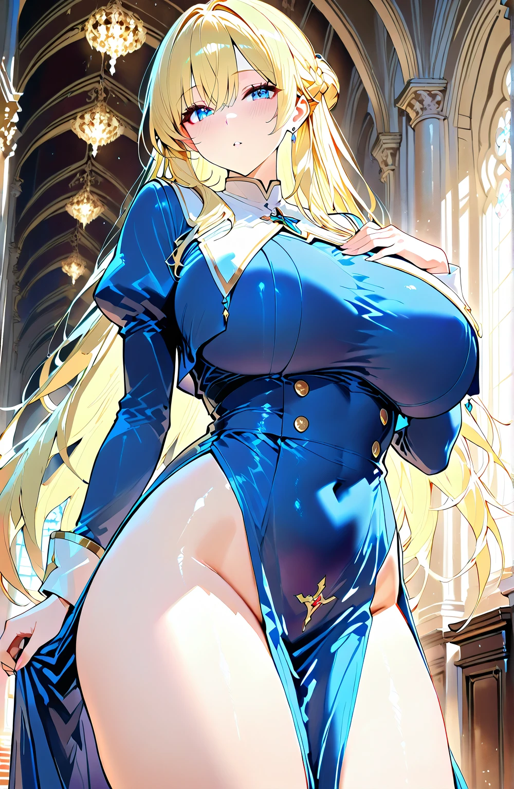 (high quality, 8k, 4K, high contrast, artwork:1.2, high quality, best aesthetics), (dynamic angle), ((1 woman)), erotic, sensual, mature body, super detailed, beautiful face detailed, beautiful eyes detailed, detailed beautiful mouth, perfect breasts, wide thighs, sexy body, blonde hair, long hair, long straight hair, long bangs, blue eyes, sparkle in the eyes, long eyelashes, nun, nun clothes, calm expression, innocent, shy, church.