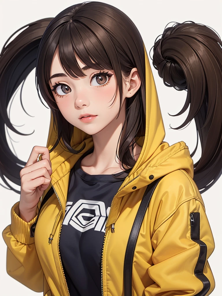 Top Quality, Masterpiece, High Resolution, 8k, Hoodie and Anime Style Girl, One Girl, Detailed Line Art, Bright White and Bright Amber Style, Digital Enhancement, Close Up, Anime Core, Flowing Fabric
