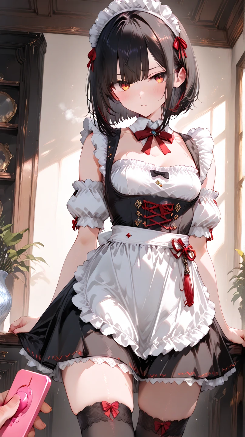 infirmary, curtains, 1girl, nurse, white dress, masterpiece, best best quality, masterpiece, (extremely delicate and beautiful:1.2), blurred background, looking at the viewer, 1girl, solo, fashi-girl, red lips, blush, bdsm, bodysuit, corset, shibari, handcuffs, collar, (suspension: 1.6), chest out, bound hands, hands behind the back, discreet, leaned forward, high detail