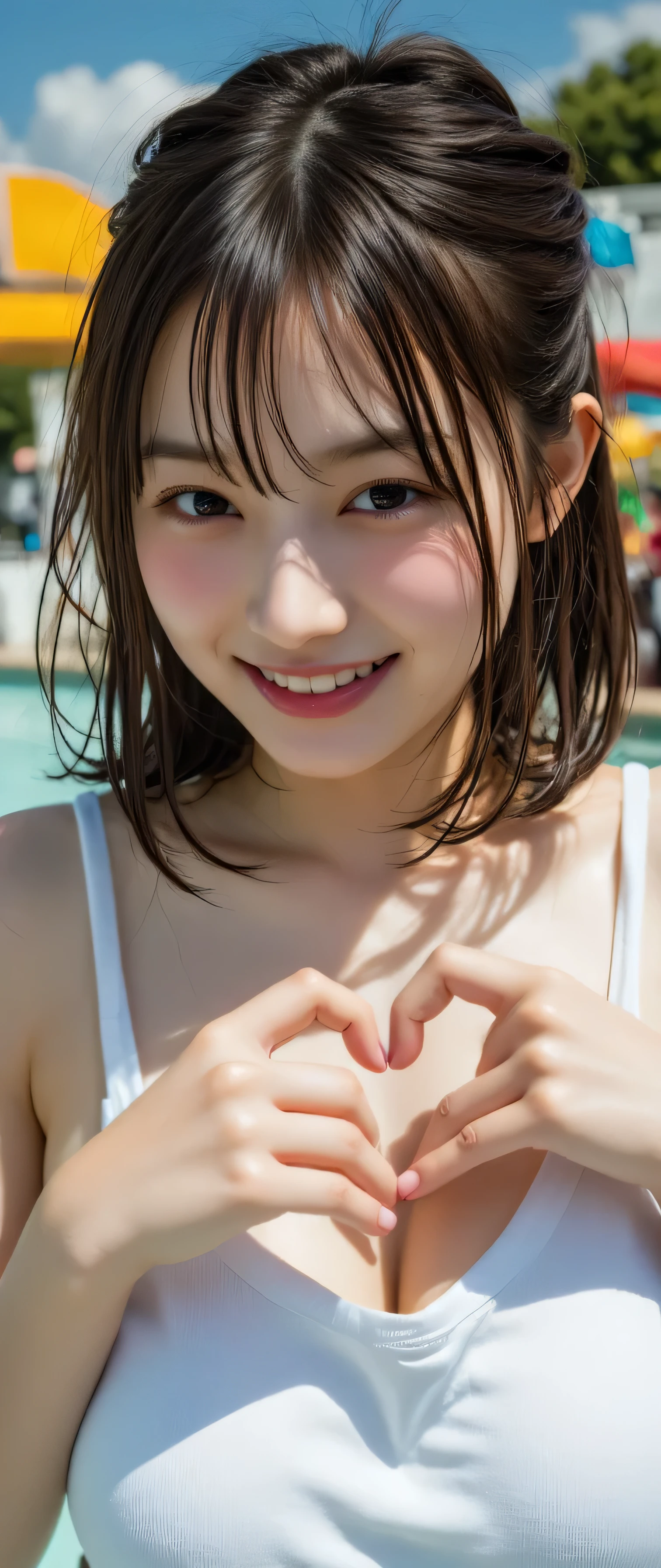 (((heart hands))),(Lips Close-ups :1.8),from above,(beautiful girl:1.3),1girl,bob cut,white camisole,smile,school ground,tilt one's head,Beautiful glossy lips