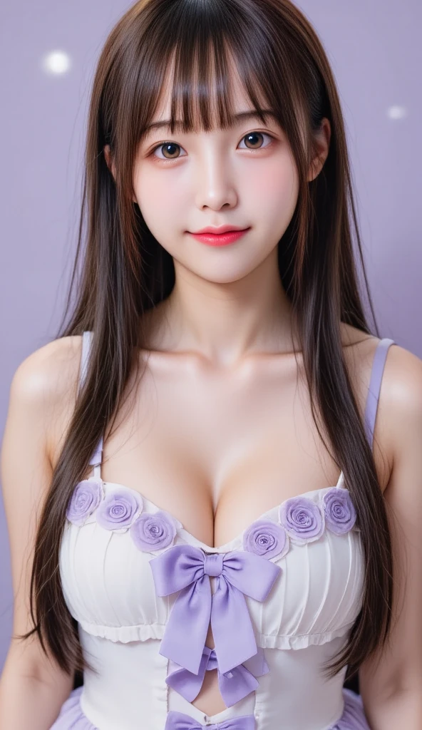 Kim Jennie with white brown hair, with curlers at the ends, with two bows on each side of the hair, all her white hair brown, with a star clip in her white brown hair, light colored eyes, beautiful eyes, crying eyes, beautiful, splash your nose, watery nose, beautifuls labios, pink lips, heart and cupid shaped lip, beautiful skin, pale, White skin, with moles and freckles all over his face, soft pink blush on cheeks, natural pink blush, soft pink makeup, Jennie, Nice neck, marked collar, frown, tender look, while having a bare abdomen, showing her navel and her slender waist, Delgado, marked and beautiful, mientras está con un top marrón de tirantes (big breasts, soft breasts, beautifuls pechos), sentada, con ropa interior de corazónes, con con un top marrón de tirantes, sentada mostrando su abdomen, looking to the camera