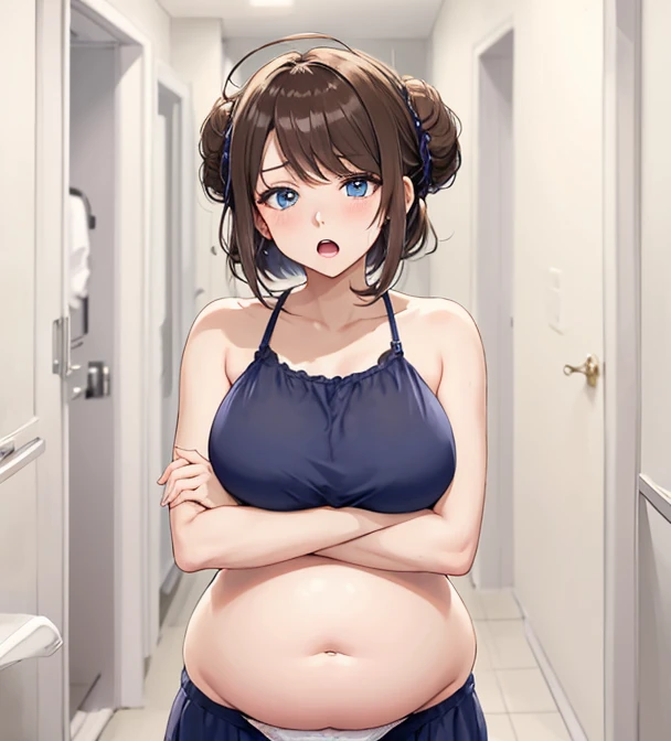 ,curvy highlighted booty, light brown hair,blue eyes,short hair,small breasts,blushed,troubled expression,steam,She has bowlegs!!!!,spread legs,Chubby girl posing in the locker room,white sports bra,White diapers