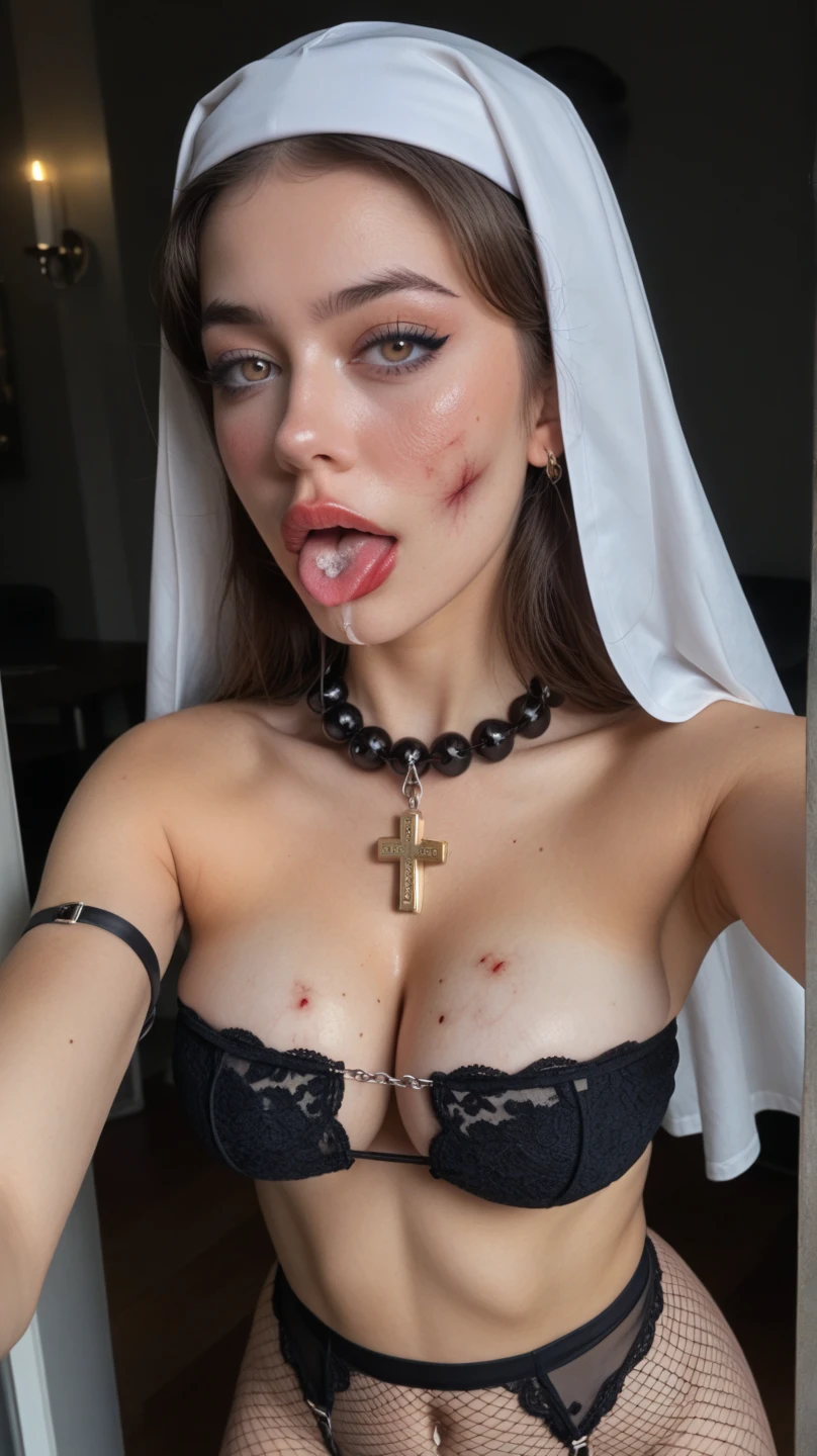masterpiece, best quality, (undead evil nun:1.3), elegant, 1 undead evil demoness, cute, blushed, looking at viewer, from above, (blood in open mouth:1.3), open panties under the mini skirt, white and black striped T-shirt, wet T-shirt, blue eyes, beautiful eyes, inferno in background, light particles, dramatic lighting, inferno, realistic, best quality, ultra-detailed, scenery, beautiful detailed eyes, detailed hair on the tiny breasts, demons, evil spirits