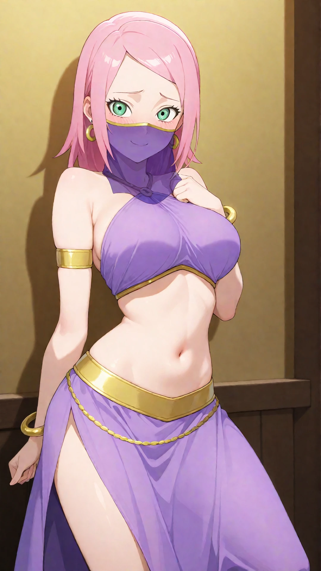 score_9, score_8_up, score_7_up, score_6_up, source_anime, BREAK by ikuchan kaoru, iku, clean color, flat color, sitting, indoors, presenting breasts, couch, muscular, extremely muscular, 1girl, bodybuilder, muscle girl,fren, bored, apathetic, break, ((arabian clothes)), belly dancer, face veil, veil, purple hair, long hair, blunt bangs