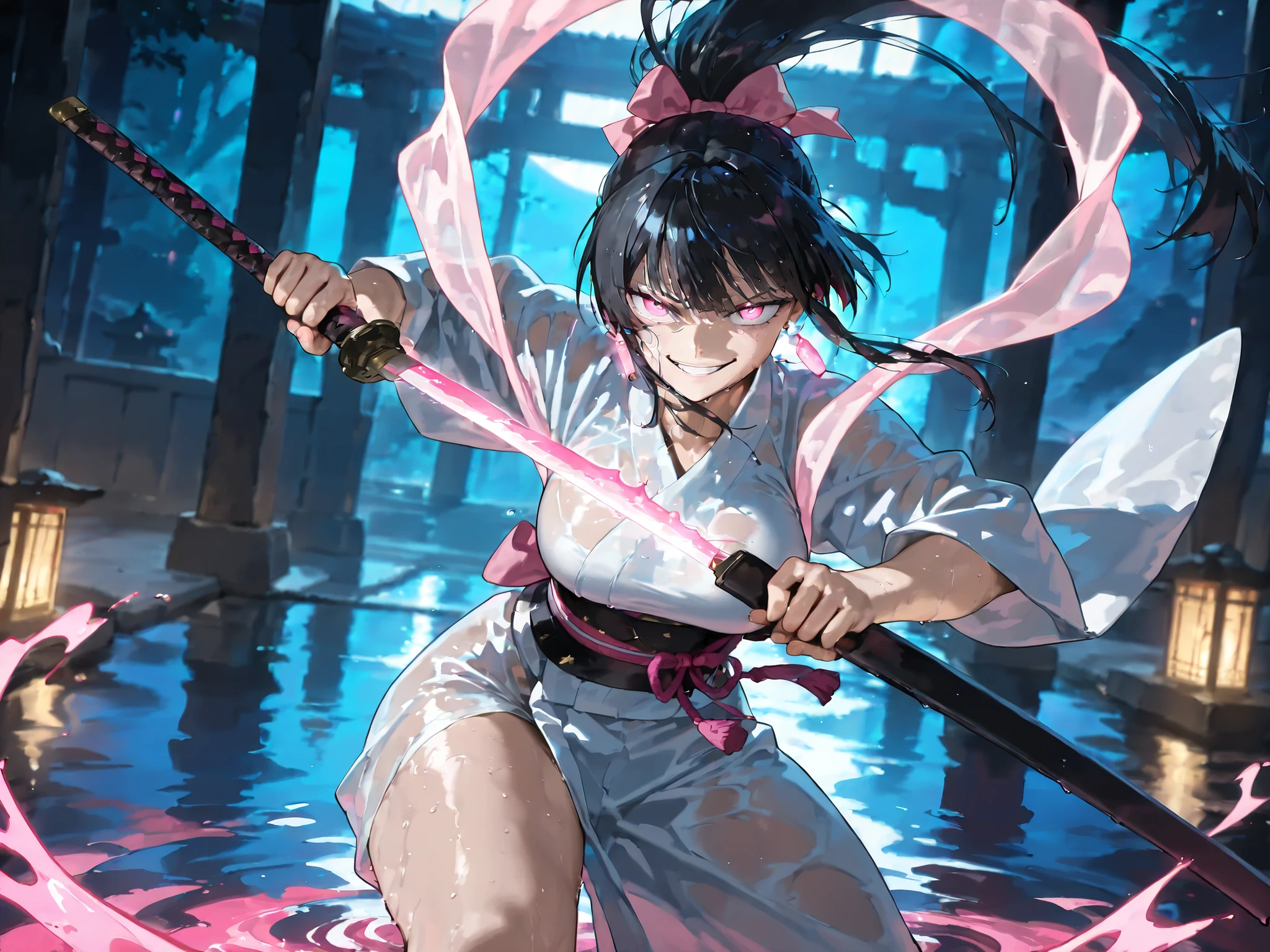 (anime coloring),(anime style),(masterpiece:1.2), (best quality:1.2), (very aesthetic:1.2), (absurdres:1.2), (detailed background:1.2),(newest),(highly detailed),(dynamic lighting), kagari hiyuki (kagurabachi),1girl, kagari hiyuki, black hair, long hair hair, ponytail, massive pink bow, pink earrings, solo, glowing pink eyes, detailed face and eyes, nice hands, nice fingers, evil grin, battle stance, combat, female focus, skinny waist, large breasts, wide hips, huge thighs, traditional japanese clothing, white clothing, obi, shawl, glowing water, dark pool, night, standing in water, wet clothes, temple setting, cinematic angle, cinematic pose, maximum facial details, maximum detailed textures, maximum detailed shadows, maximum detailed, glowneon, unsheathing katana