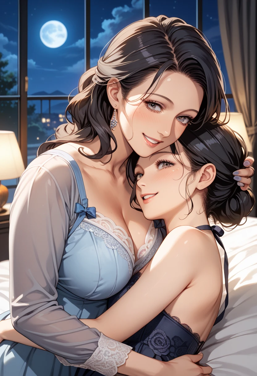 2women,mother and daughter,
mother is young,thirties,black hair,big breast,cleavage,
daughter is student,shirt and skirt,brown hair,
in bedroom,