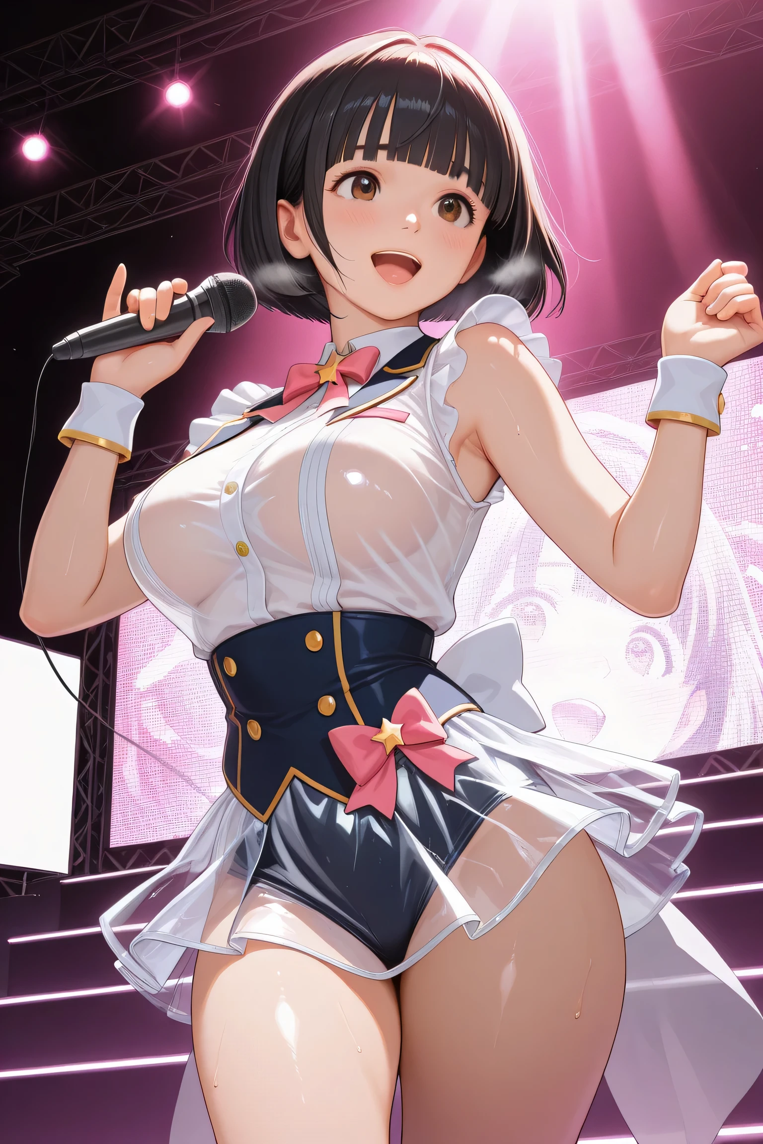 adult women、Accurate number of fingers、accurate number of legs、Exact number of arms、Bangs, ribbon ponytail, brown hair, (blush:1), (Put one hand in your underwear:1.8), fingering, (cat juice:1.2), cum in mouth, (A woman holding a microphone ready to sing:1.5)、Gothic ta Idol Costume、White lace headdress., This costume is only open at the chest.、high socks、White idol style skirt, (Delicate and luxurious decorative lingerie:1.3), Ribbon at neckline, (White and pink with lots of lace:1.3), White lace:1.2), Sexy Lingerie, Raise your legs high、 beautiful big breasts, (Nipples erect:1), The skirt is rolled up、best quality, High resolution, (Detailed and beautiful eyes:1.6), The facial details are very rich, perfect lighting, Very detailed CG, (perfect hands, perfect anatomy),Embarrassed expression、The expression of not wanting to go to the toilet, (Sexual pleasure expression:1.4), (expression of pain:1.2)、close eyes、sexy look、look up、mouth half open、、(live stage、A lot of viewers:1.3)、whole body