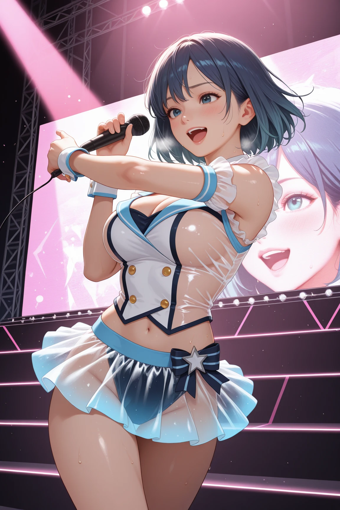 MIZUNOFUUKA, BLUE HAIR, BLACK HAIR, PONYTAIL, SCRUNCHIE, HAIR ORNAMENT, LONG HAIR, RED EYES,,15years old, large breasts,, Live Stage, solo, nsfw