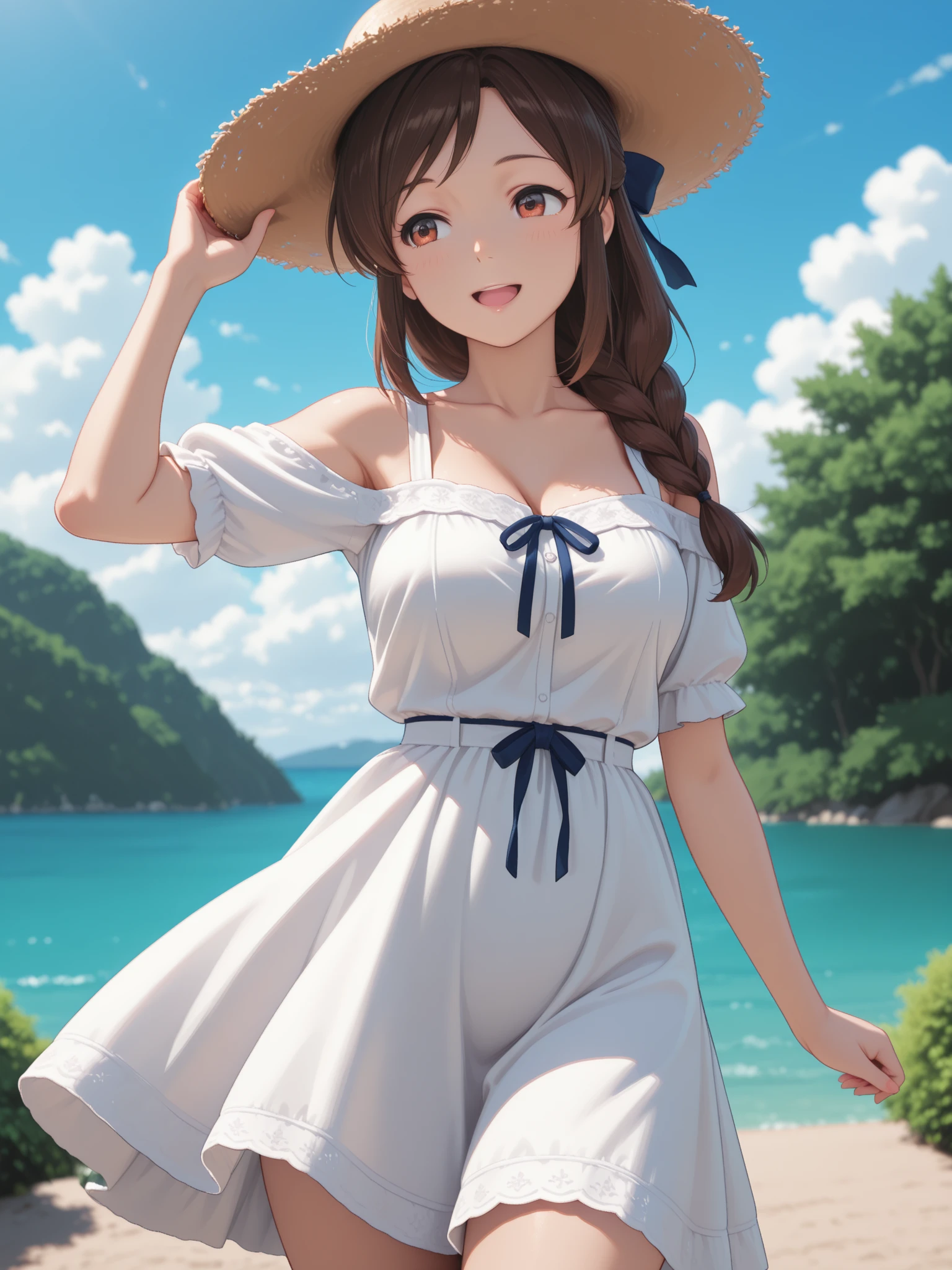 satin, silk, (blue panty), (High quality, High resolution, Fine details), setting sun, Backlight, A straight stretch of railroad track, White Dress, White Hat, solo, curvy women, light brown hair, sparkling eyes, (Detailed eyes:1.2), smile, blush, Sweat, Oily skin, shallow depth of field, Fantastic