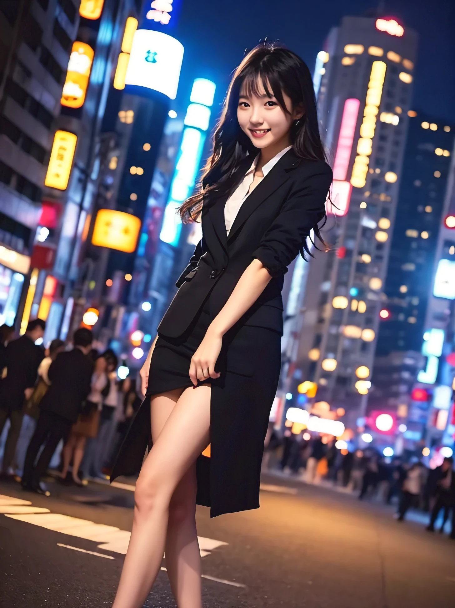 ulzzang -6500-v1.1, (Raw photo:1.2), (Photorealsitic), Beautiful detailed, Famous popular actresses、 (Real: 1.4), extremely detailed eye and face, beatiful detailed eyes, ((Dazzling night illumination plaza:1.2)), ((Women's Suits:1.3, Ultra-realistic pantyhose:1.2))、selfee、Instagram、harsh trial、game_nffsw, Please look at the camera and raise your hand、huge filesize, hight resolution, ighly detailed, top-quality, [​masterpiece:1.6], illustratio, ighly detailed, nffsw, finely detail, top-quality, 8k wallpaper, Cinematographic lighting, 1 milf, 42 year old, perfect body type, Beautiful big drooping eyes、Pieckfinger, ((masutepiece)), Best Quality, 1 milf, eye shadow,  high-heels、Portrait, ((FULL BODYSHOT:1.4))、(Very affectionate smile:1.2)、realistic skin textures、shinny skin、Exposed thighs!!!