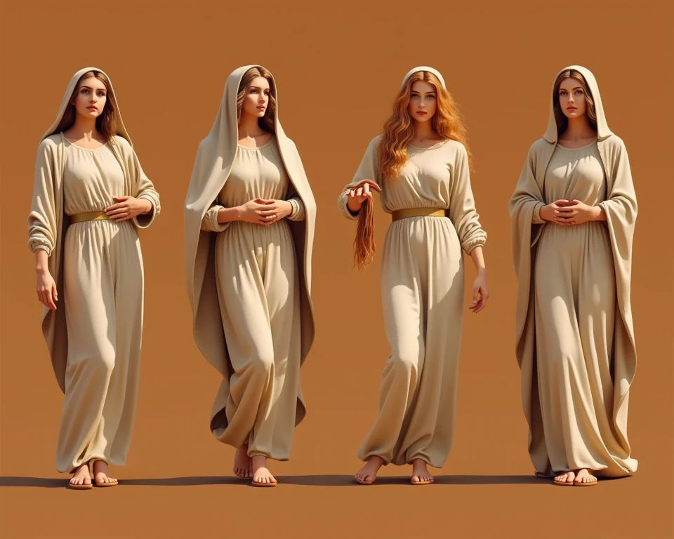 正面を向いて並んで立つ三人の女性のFull body image。On the left is the beautiful Mary Magdalene, aged 20、Beautiful Virgin Mary in the center、On the right is the beautiful Maria, 26 years old.。Full body image