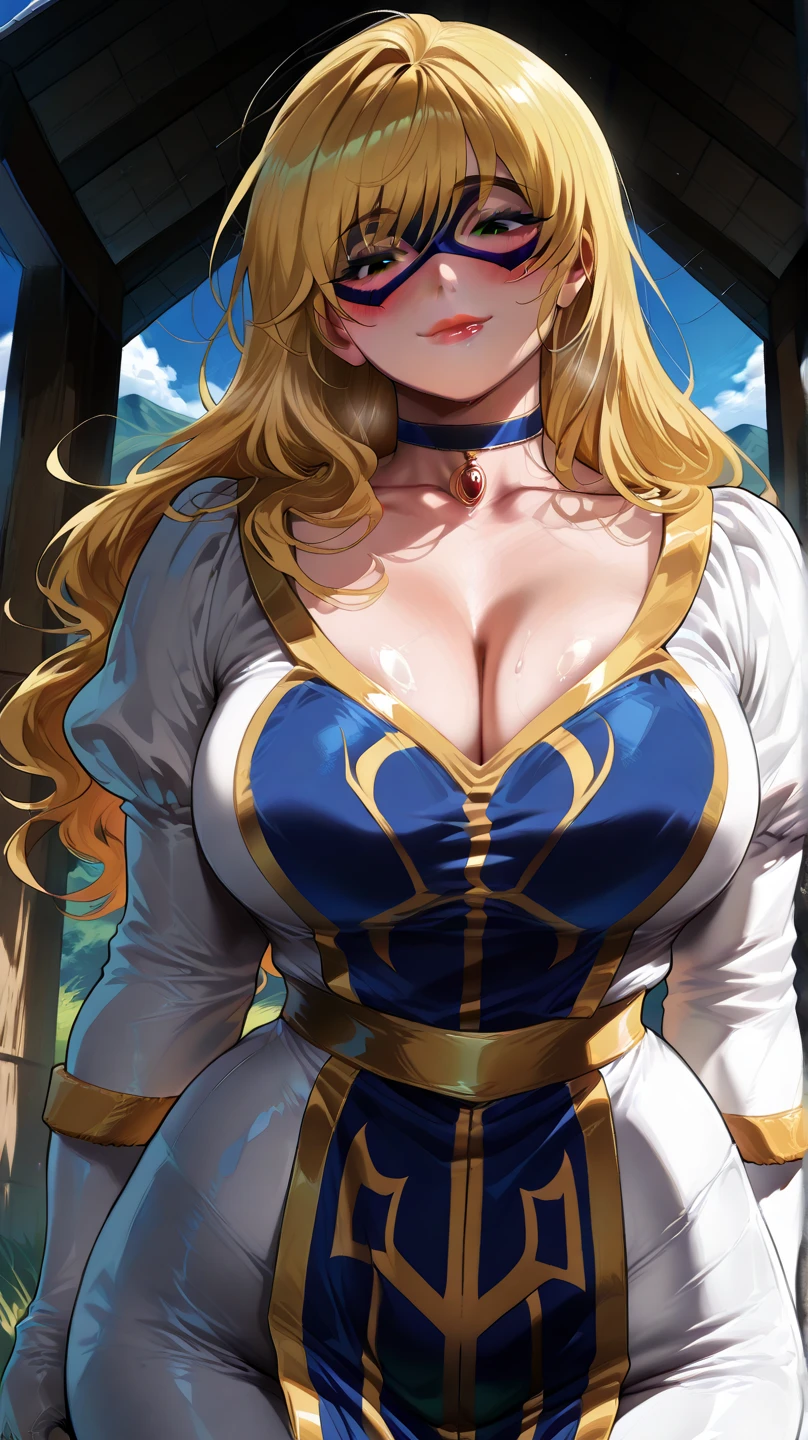A mature woman with long hair in blue and beige clothes, holding a model pose, warrior, Zelda, Full-length portrait of Zelda, Legend of Zelda, Fotos cosplay, Ornate cosplay, Professional cosplay, cosplay, Full cosplay, Artgerm Photography Moody, Princess Zelda, Zelda as Triforce, hyrule, Anime Garota cosplay, ray tracing, 3D rendering, extremely detaild, high qualiy, realistic light and shadow, blonde hair, eye reflection, sdrlight smile, (ultra quality,Incomparable masterpiece:1.4)Overwhelmingly pixel perfect,Ultra-Detailed CG 4K,(Ultra-detailed and absurdly vivid clear jade big eyes:1.2),Beautiful detailed round face(voluptuous:1.4)Leprechaun(breasts big:1.8)(Long, voluminous blonde hair: 1.4),grown-up(bangss, side locks:1.2)seducer(white dress with intricate details:1.3)(Zelda)(Celestine Lucullus: 1.2)(standing alone:1.4)(1 girl: 0.5)(front viewer:1.2)(arms behind the back:1.2)(cowboy shot:1.2)(From above:1.1),cutaneous dentition(curved:1.4)(curved:1.4)(boba: 1.4)(Normal Waist: 1.2)(thick lips: 1.3)small-nose(drlight smile: 1.2)stones,trees, plants,shrub,color classification, dress up as sailor Venus