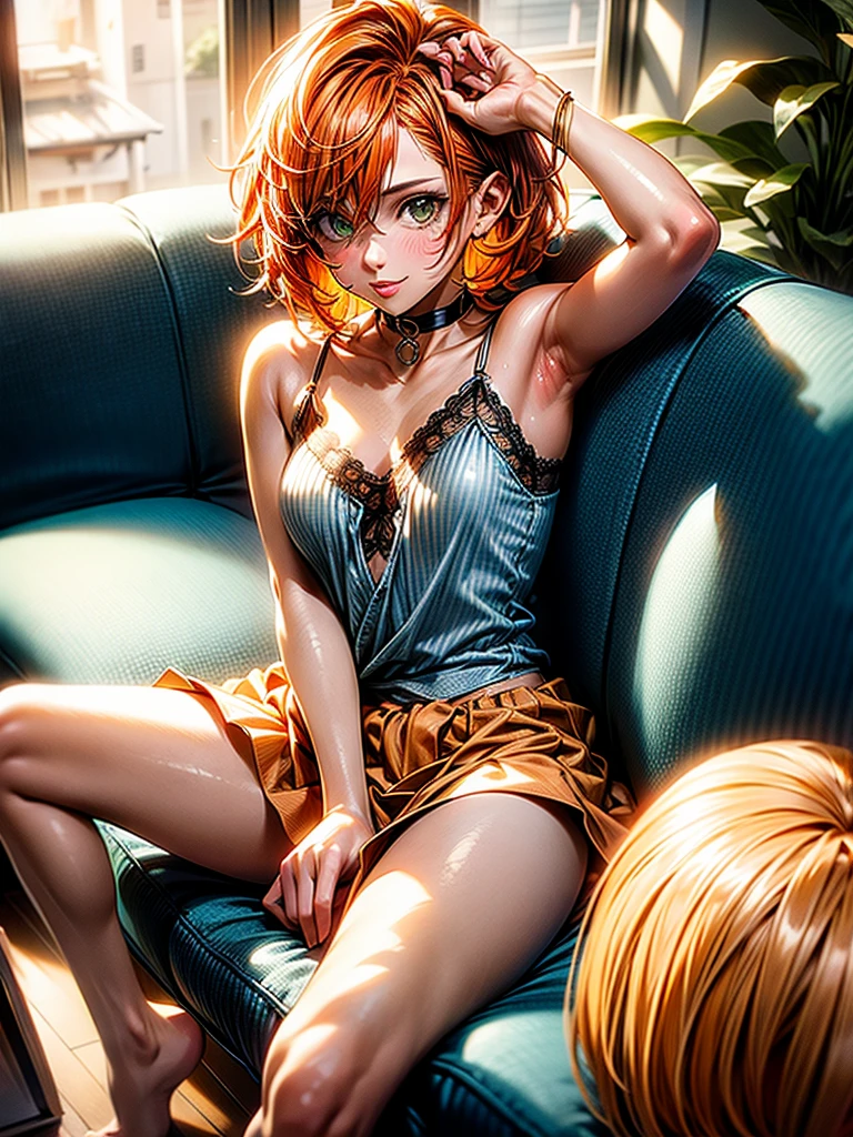 (masterpiece)(8k)(cute)(25-year old woman)(low depth of field)(1girl:1.5)(solo:1.8)(crouching on bed:1.4)(from below:1.3)(wild hair:1.3)(short hair:1.3)(bright orange hair:1.6)(flat chest:1.4)(small breasts:1.4)(white bandana:1.2)(lime green pupils)(glossy skin)(glossy lips:1.3)(glossy eye-shadow:1.5)(shiny)(choker necklace)(translucent panties:1.5)(cameltoe:1.5)(sweaty:1.5)(knee high socks:1.3)(seductive:1.3)(smile:1.5)(mischievous:1.5) rossdraws pastel vibrant, rossdraws cartoon vibrant, style anime 8k, beautiful portrait, artgerm colorful!!!, ! dream artgerm, beautiful anime girl, styled digital art, art wallpaper 8k, digital art, extremely detailed artgerm,