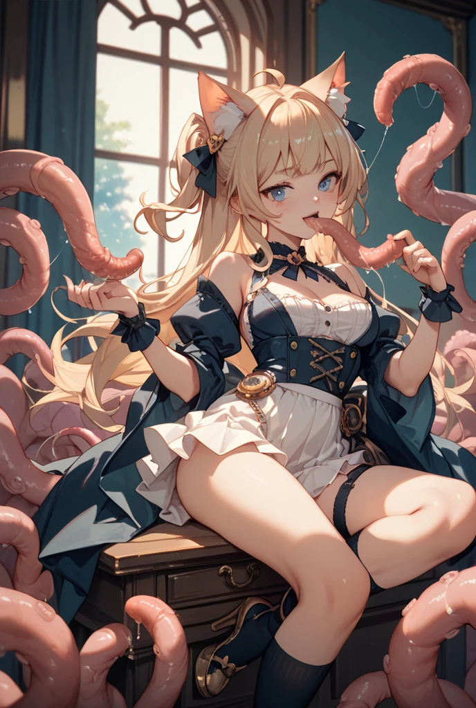(masterpiece, absurd quality, best quality, official art, beautiful and aesthetic:1.2), cute petit girl, extreme detailed, fractal art, colorful, highest detailed, vivid color, (transform sequence), babyface, cinematic lighting, cowboy shot, looking at viewer, (from below:1.5), landscape, (mucus:1.5), (dirty clothes:1.5), scenery, flower field, serena (pokemon), 1girl, hat, sunglasses, beautiful detailed long hair, blonde hair, beautiful detailed blue eyes, bracelet, beautiful detailed sleeveless shirt, black shirt, red skirt, pleated skirt, black thighhighs, bag, lipstick, eyelashes, extremely detailed face, (perfect legs, perfect hands, perfect anatomy),depth of field, dappled sunlight, beautiful lighting, (interspecies sex:1.5), (solo:1.5), (tentacles dragged into the pond:1.5), many tentacles, (wrapped around legs and arm by tentacles:1.5), (blush:1.5), (shouting:1.5), (rape:1.5), chibi, (sexual penetration by tentacles:1.5), floating hair, detailed skin, small breasts, nsfw, thick clothes, (squirting:1.5), dutch angle, curvy, bangs, (crawling on all fours:1.5), (from back:1.5), bunch of com overflowing from anal, big tentacles giggling anal, anal expanding by tentacles, bunch of com overflowing from anal