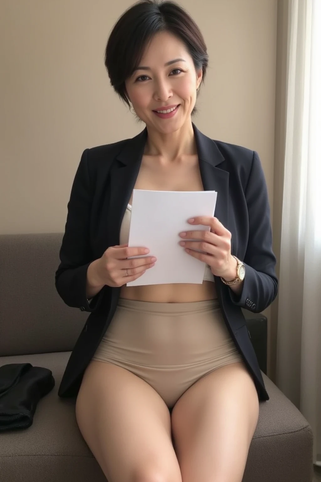 highest quality, 8k, High resolution, Very detailed, Realistic:1.37, anti-gravity environment, Beautiful Japanese Women, Mature Woman, Lady, Elderly woman, 55-year-old married woman, ((Small breasts)), Beautiful breasts, Soft Breasts, sexyな胸, Sweaty skin, (Full body emphasis), Fine wrinkles, Beautiful Lips, Sparkling Eyes, Looking straight ahead, A gentle smile, Red lipstick, Pearl Earrings, Pearl Necklace, company, office, Large office, Low Ponytail, Fox-shaped glasses, secretary, sexyなsecretary, open chest shirt, leggings, sexy