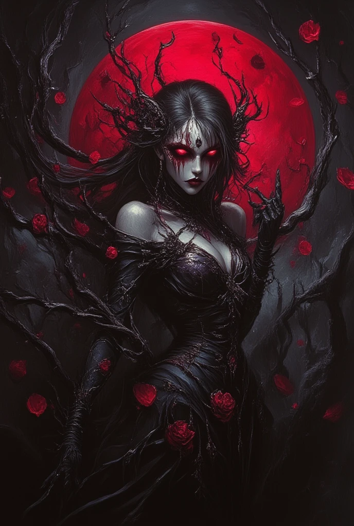 (a beautiful,gorgeous,hot:1.2)sexy zombie with (bright red,blood red) fiery eyes, (long,dark) flowing hair, (pale,smooth) flawless skin and (plump,full) seductive lips. She is dressed in a (torn,shredded) and (skimpy,revealing) outfit, revealing her (slender,toned) body. She is surrounded by a (eerie,haunting) mist and (sinister,dark) shadows, giving the scene a sense of mystery and danger. The background is a (desolate,rundown) graveyard with (cracked,broken) tombstones and (twisted,decayed) trees. The lighting is (moody,dramatic) with (shadows,flickering lights) playing across her face, creating a (sinister,gloomy) atmosphere. The colors are (dark,rich) with (shades,tones) of (red,blood red), (black,deep black) and (purple,dark purple) dominating the scene. The overall image quality is (high,resolution) with (sharp,fine) details and (vibrant,rich) colors. The style of the artwork is (dark,grotesque) and (horror,dramatic), reminiscent of a spooky horror movie or a chilling gothic novel, (subtle nudity:1.5)