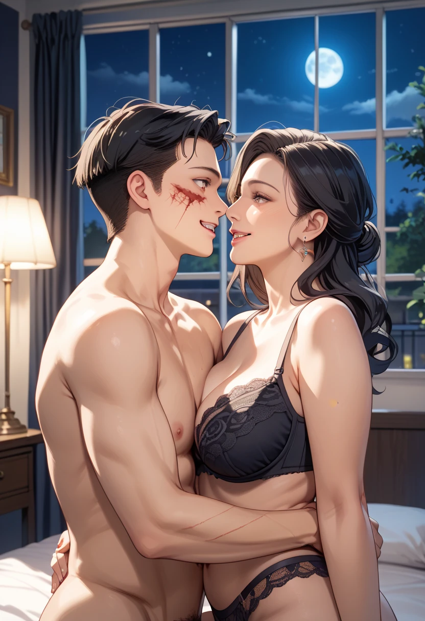 A young couple is romancing inside a vintage house. The woman is wearing a sexy short dress and has big hips. It is evening.