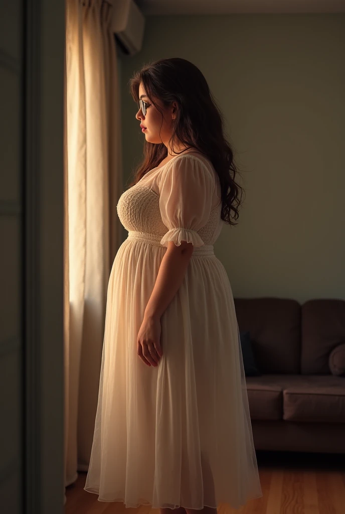 Ultra realistic image of an ugly woman, 30-something, obese, short curly hair disheveled, dressed in a flowery, sad dress, looking at herself in a mirror of a large room, morning light