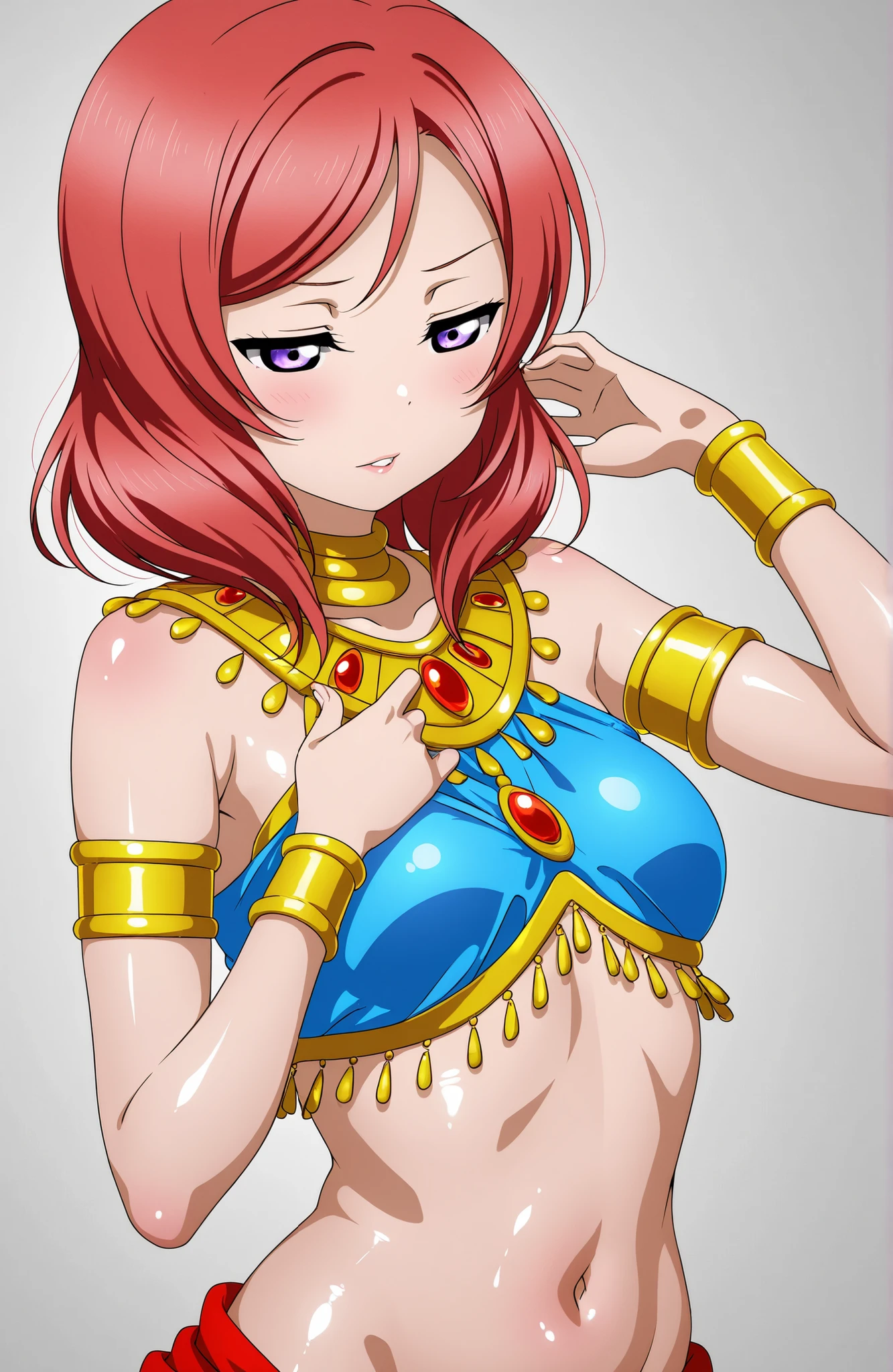 (((picture perfect))), (absurdres), 1girl, solo, rias gremory, looking at viewer, smile, gold bikini, blue eyes, muscular, belly dancer