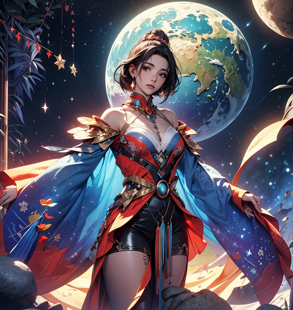 Taijitu，taichi，Gossip diagram，gossip，sorceress woman，Conservative attire，With a huge hat，Crane in blue，Wearing blue and red and white princess dresses，Close-up of upper body，Close-up photos，jewelery，Visions of heaven and earth，The background is the Milky Way，(No cleavage)。