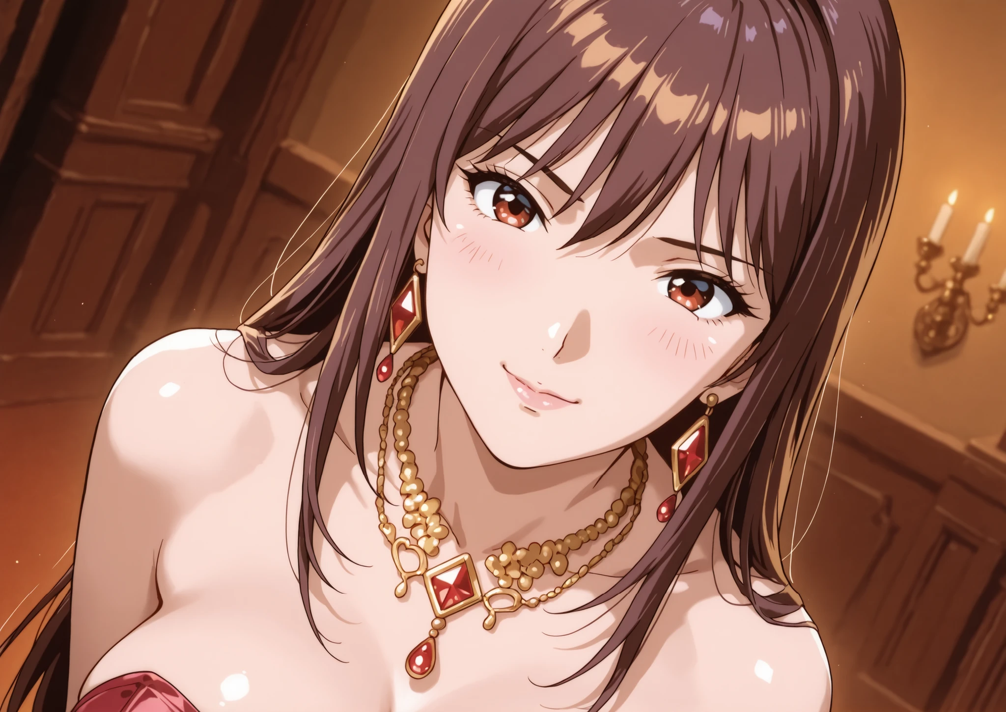 
Woman wearing provocative jewelry gently caresses something that shakes , Then the woman smiles mischievously
