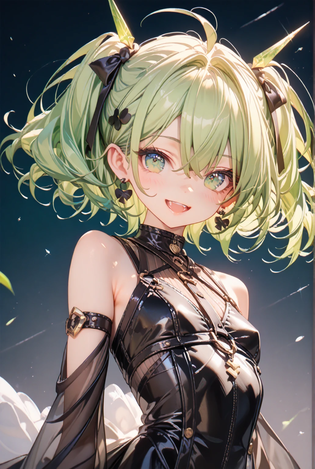 beautiful, masterpiece, Highest quality, anime, One girl, C Cup,Portrait Shot, View your viewers, Covered、Short Hair、nearby、green目、art、、White hair,Blue streaked hair、wallpaper、hairpin、Cute smile、Thighs、 green空、green_Leather Race Queen、green_Leather Gloves、Kneeling、grass、navel、peace sign、grass