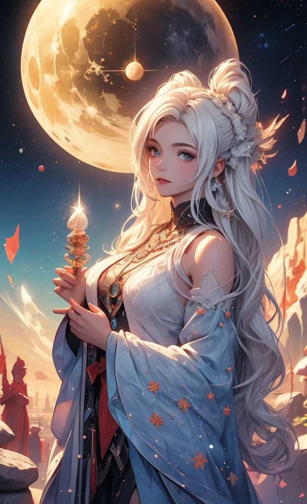 A very beautiful girl, long straight hair, white hair with bangs, dressed in an unbuttoned kimono, naked large breasts, sitting in the lotus position, hands pointing to the sides, reciting mantras, a large fluffy rabbit stands in the background behind her back, looking at the camera, against the background of the night starry sky, a red moon. detailed eyes and face, naked body,, nfsw Beautiful detailed eyes, halo around the head, dull, dark, membranous, 1.5), (erotic clothing: 1.4), bare shoulders.