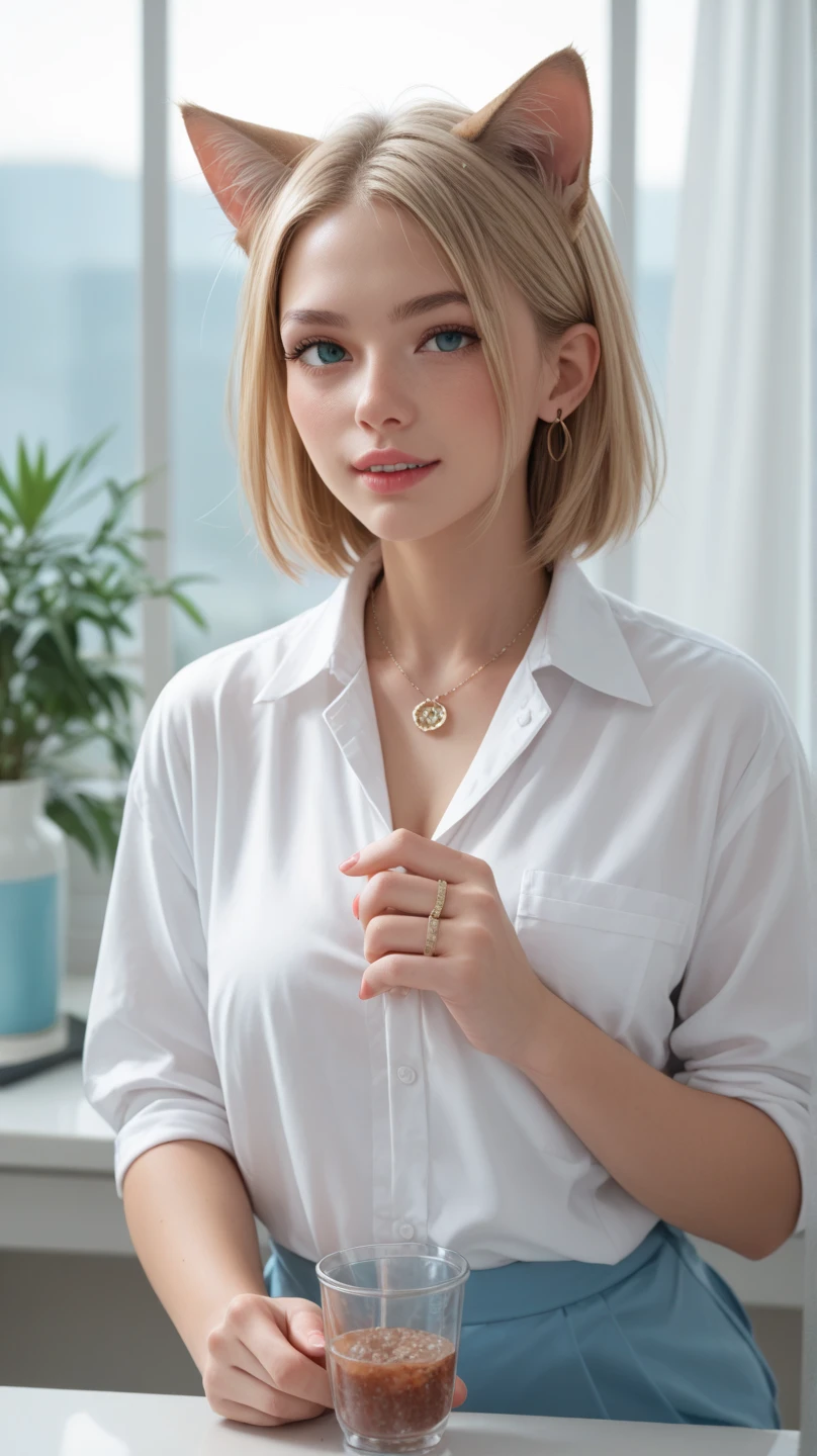 <lora:kawaii7.1.3_obj20:0.75:0.25>, European woman, closeup, (shirt), pants, (office cubicle), cross necklace , ZM_maria, wide shoulders, perfect face, (contact iris: 1.1), pale skin, skin pores , depth of field