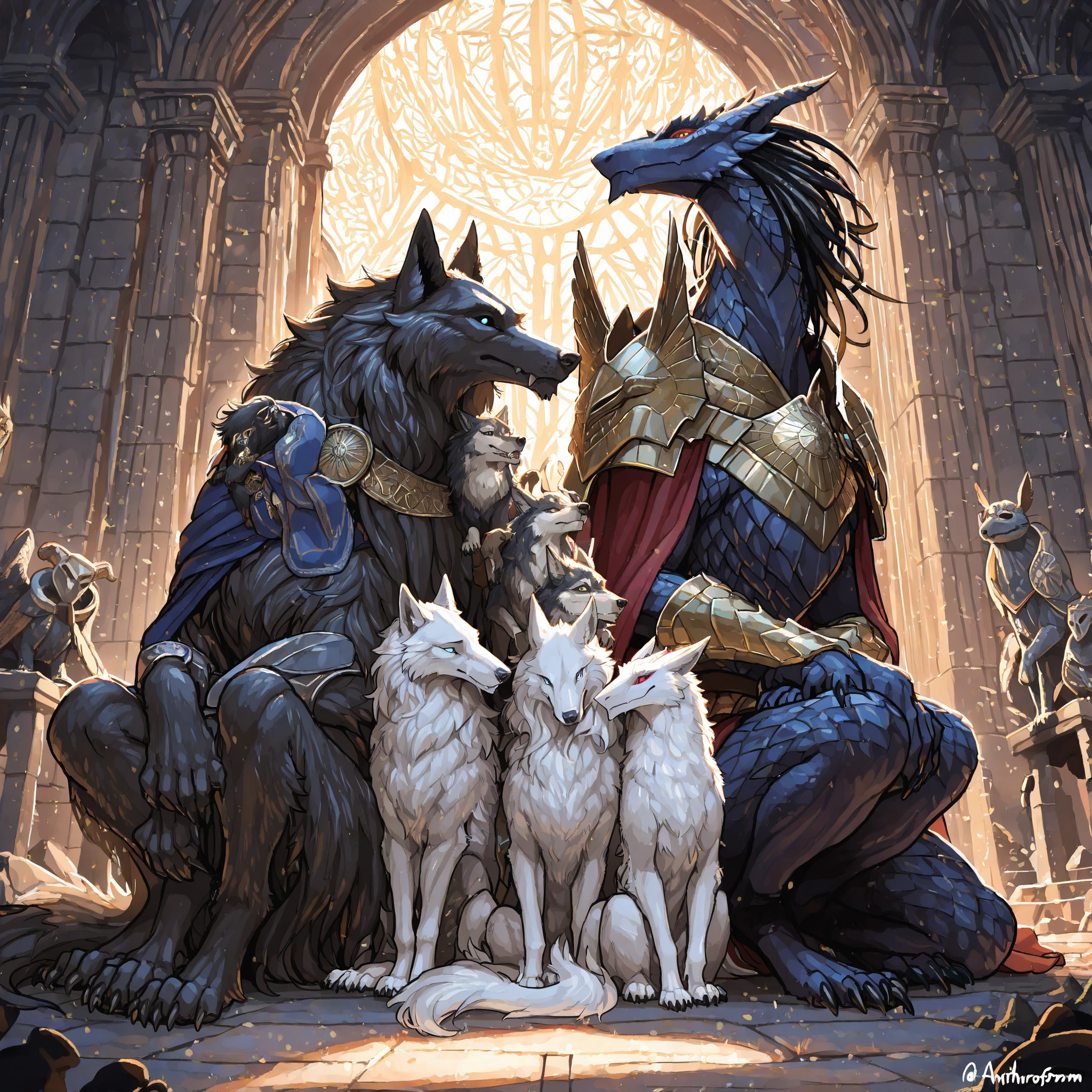 (duo), male bahamut and female wolf, by taran fiddler, [by null-ghost],  detailed beautiful eyes, romantic, detailed hands, cave, hugging, protective male,