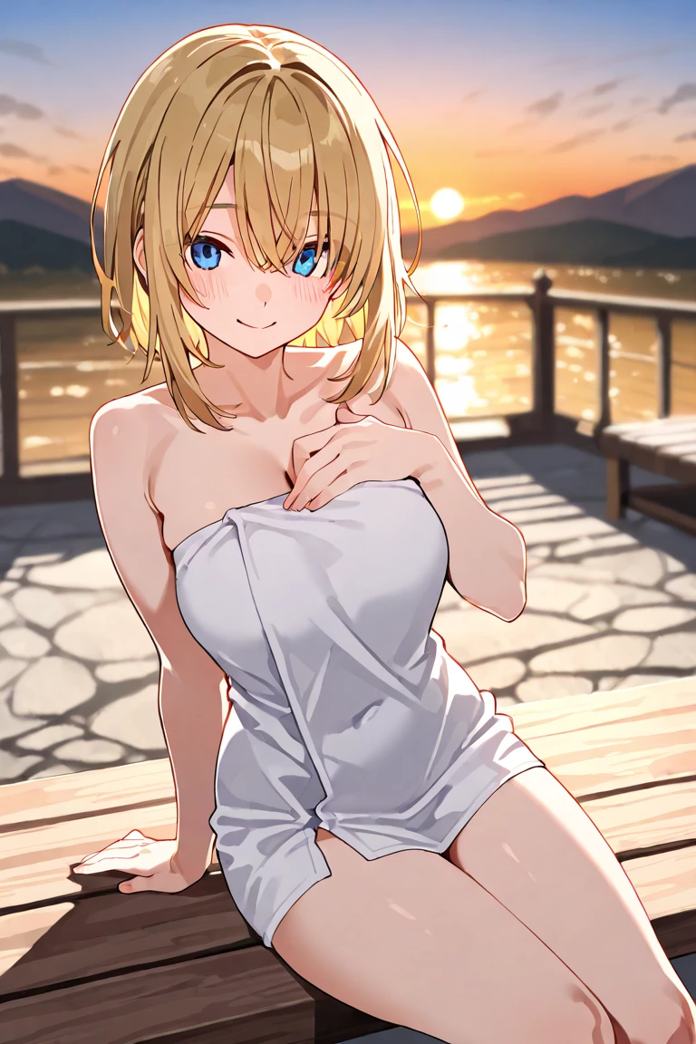 (masterpiece, best quality:1.2), solo, Android 18 from Dragon Ball, ((long yukata, thigh gap)), small breasts, short blonde hair loose, ((close eyes)), (wearing glasses), earrings on earlobes, slender feminine figure, skinny body, cleavage, light blush, chill, organized, simple, white-based interior, a few plants, cloudy sky, terrace, magnificent view, blur background, 4K, on the cute chair, (pale blue chair), midriff-baring, beautiful armpits, arms up behind, pantyshot, Japanese sandals, 