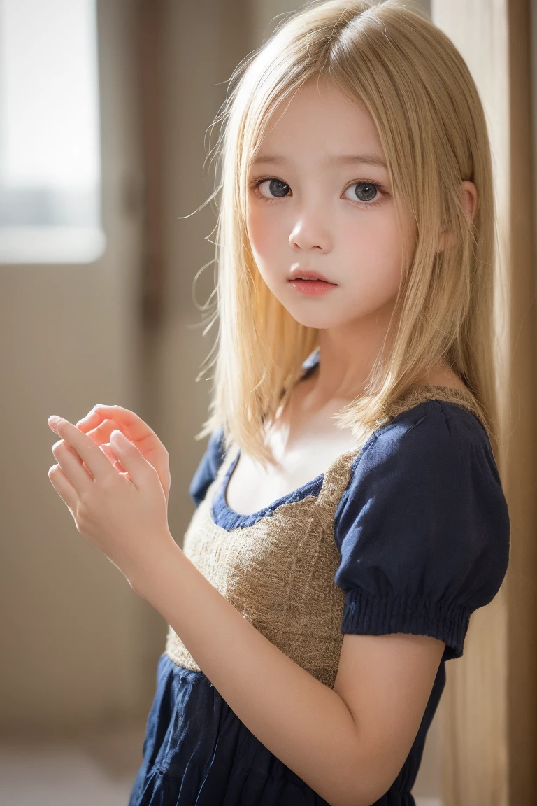 ((sfw: 1.4)), (( detailed face, cute face, detailed face,  professional photography)), ((((standing)) , (both hands on knee) , leaning forward ( grin smile : 1.2),  earrings)), (( Shiny platinum blonde silk hair, beautiful shiny bangs, big clear sky blue eyes, very beautiful bright eye highlights, 1 Girl)), Ultra High Resolution, (Realistic: 1.4), RAW Photo, Best Quality, (Photorealistic Stick), Focus, Soft Light, ((15 years old)), (( (young face))), (surface), (depth of field), masterpiece, (realistic), woman, bangs, ((1 girl))