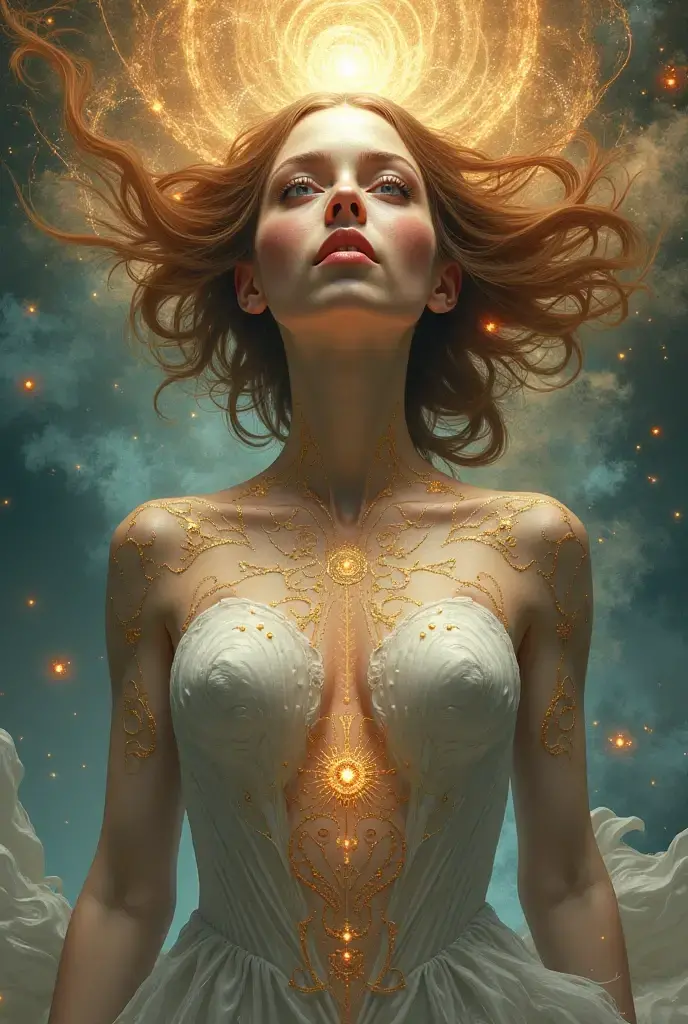 **Description for Cover:**

"Portray the dramatic moment in which the Co-creator, a female figure of fluid and ethereal energy, is at the epicenter of the creation of the universe. Show the colossal cosmic explosion, similar ao Big Bang, with a torrent of lights and energy radiating out. The Co-Creator must be a female entity with a fluid and luminous form., appearing to be made of pure light and energy that twists and dissolves.

His expression must be a mixture of horror and effort., highlighting his struggle to control the primordial force of the explosion. Detail how your fluidic form fragments and is pulled into the created vortex, symbolizing the failure to contain chaos and the inevitable fall into its own creation. Show the distortion and stretching of its shape as it is absorbed into the vortex.

The explosion around it must be intense and chaotic, with an explosion of bright, contrasting colors like blue, purple, red and gold, reflecting the magnitude and tumult of the event. Highlight the turbulent energy and light waves spreading through space.

Include details of the vortex in the center of the scene, showing the Co-creator being slowly sucked in, as the energy around you increases in intensity. The cover should capture the feeling of a cataclysmic event and the profound transformation of the Co-Creator, with a visual representation that combines drama and complexity."