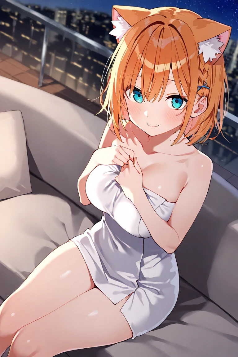 Honoka Kosaka Orange Hair Blue eyes short hair One-sided ponytail Orange nightgown White garter belt smile Larger breasts night Love Hotel Seduce Sit on the bed night景 Dark Room Room lighting Holding an orange cocktail