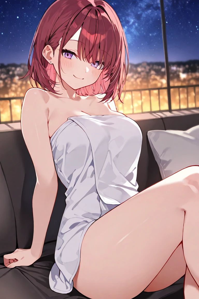 masterpiece, best quality , best quality , high resolution , 16k cg , (ultra deatail face and hair) , (knee_up_shot , look at view , face view) , (1 girl solo) , (kafka , sunglasses , purple hair , purple eyes , One eye closed , eyewear on head , elbow , glovees ) , (bare shoulder , strapless , wear sweater , denim microshort) , (sitting on floor:1.3) , (cleavage:1.3), (medium breast:1.3) , ( blush , shy , (very red check:1.3) , (full face blush:1.3) , ) (outdoor , city , road , lamp , shop , night , dark , moonlight )