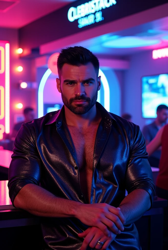 A sexy male DJ in a club, handsome face, short beard, messy black hair, headphone, Dj set up, party,fun, music , homoerotic, nsfw