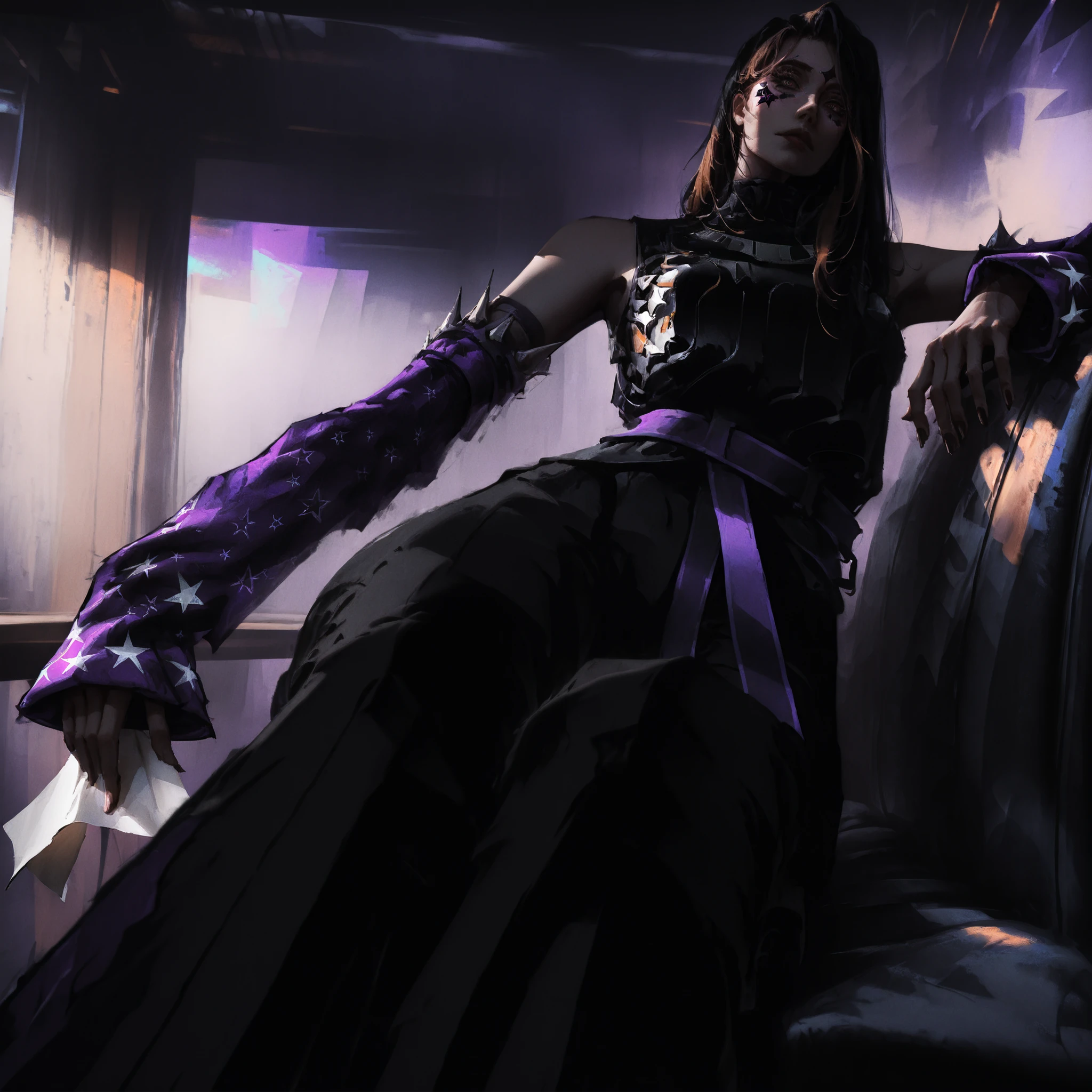 artist: wlop, masterpiece, best quality, illustration,( a woman with pale skin), black hair, straight long length hair, brown eyes, detailed face, wearing black pants with a sash wrapped around her waist, black sleeveless top with white star patterns, patterned dark fur cuffs on her wrists, white and purple forearm sleeves, fantasy, perfect anatomy, detailed, lighting, colorful, slim body, fit body, ideal ratio body proportions, tall, Realistic Shadows, detailed face, detailed eyes, epic, highly detailed, illustration style background, cinematic background, cinematic lighting, detailed eyes, Official Art, face focus, eye focus, high resolution, cinematic, perspective, red and brown tones, scenery background, pose, 8k, landscape, (official art), （scenography）, （the Extremely Detailed CG Unity 8K Wallpapers）, perfect anatomy, detailxl, SoulFightersStyle-IL.V1.0, SoulFightersStyleSplashArt-IL.V1.0, simplistic style, sitting on couch behind table with papers on it, underground office, criminal underworld theme,