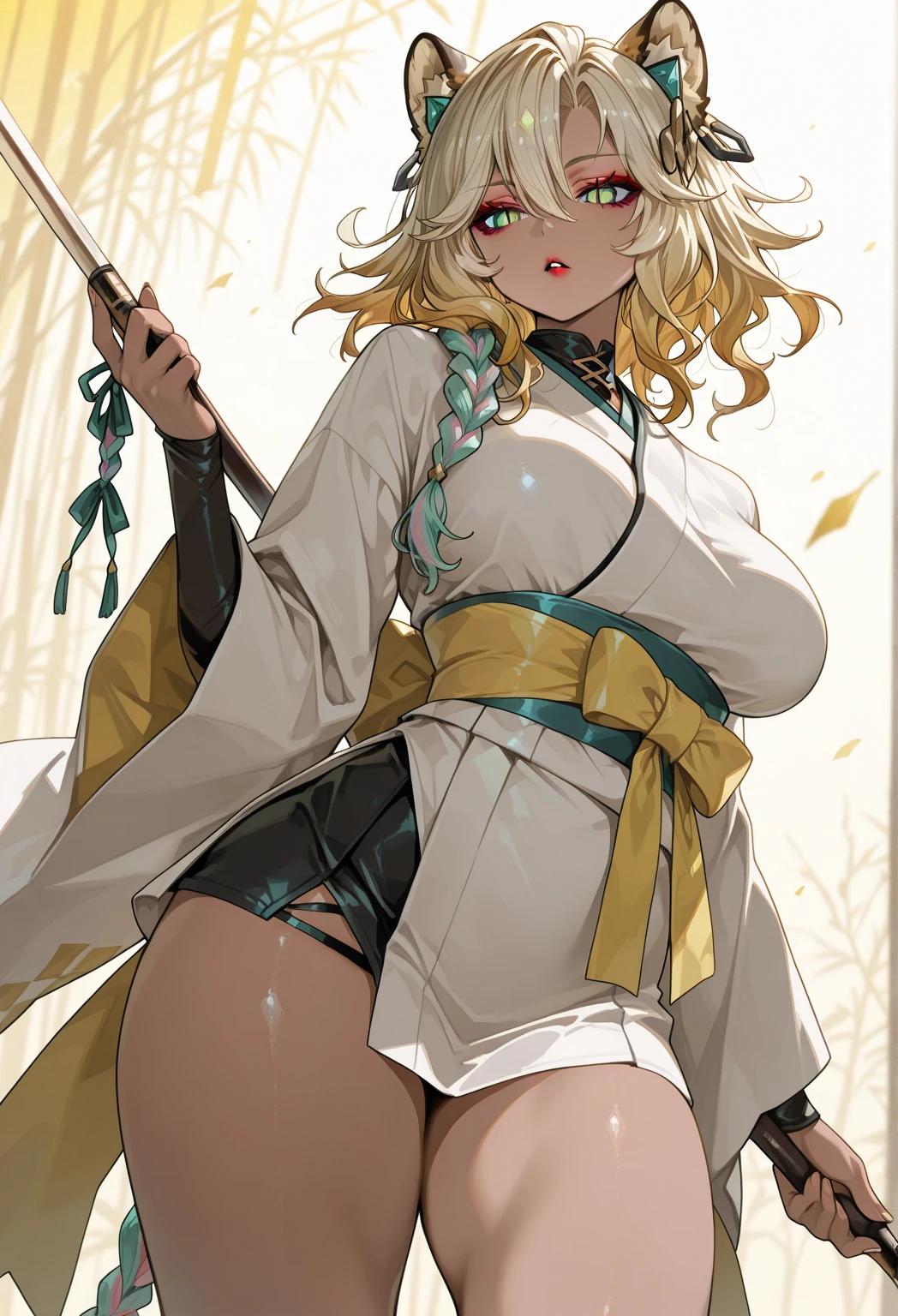 solitary, (Fox ears), Exquisite eyes, blond hair，Facial details, Green Eyes, Red Eyeshadow, lips are red, Fake laugh, Ukiyo-e, masterpiece, high quality, Large Breasts，Black tights，High heel，Exposing thighs，leaking breasts