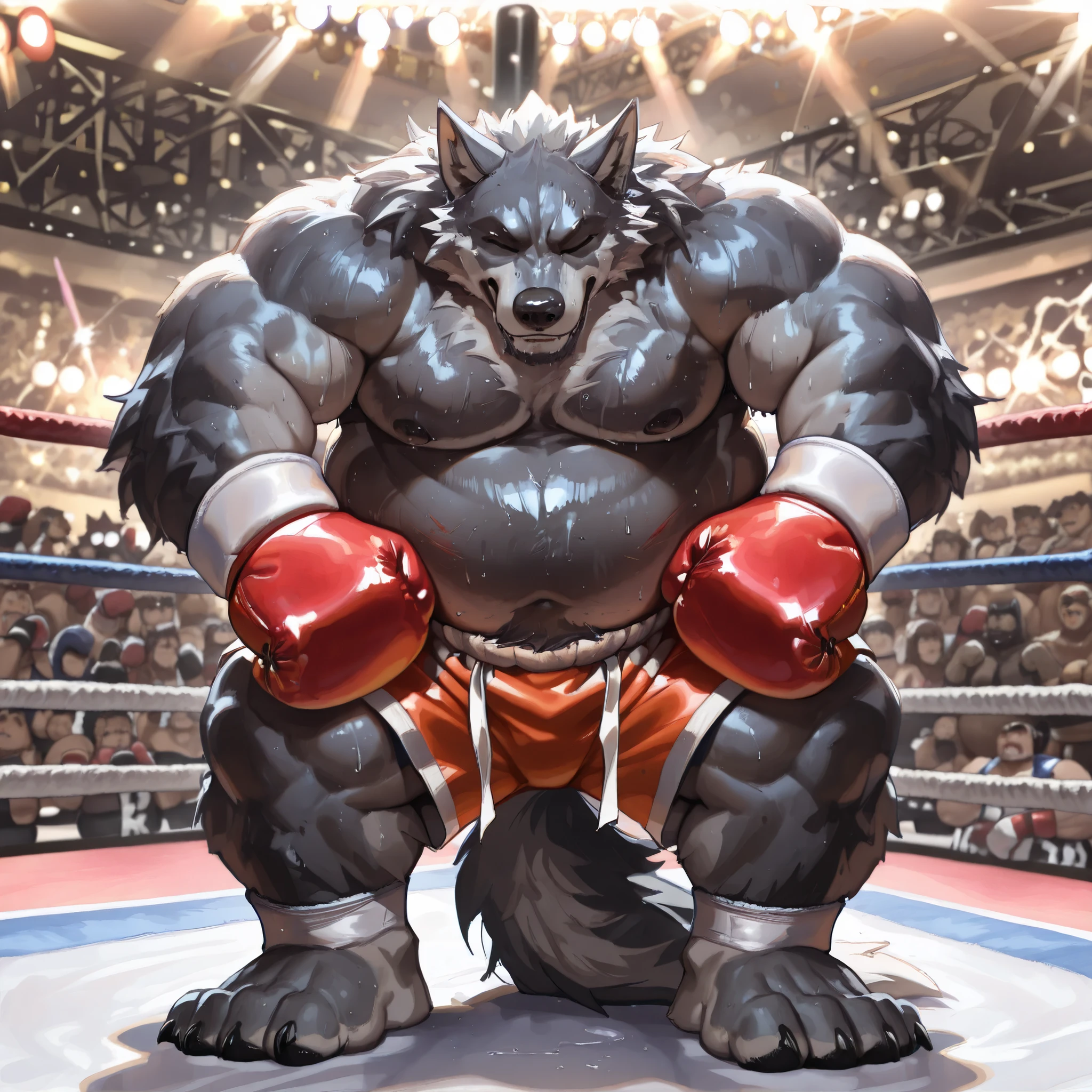 narrowed down boxing , Tired expression、Terrible face (Swollen eyes Swollen marks in one closed eye), wounded body, dynamic movement,rythWolfpony, 絞り込まれたボクシンググローブ, 疲れた表情、ひどい顔 (腫れた目 閉じた片目 腫れた痕), 傷ついた体, ダイナミックな動き,rythWolfpony, Wolf \(Elden Ring\), ((boxing shorts,、chubby daddy,sumo wrestler weight)),((Wolfのボクサー, boxing グローブ, Boxing Trunks ,High Quality, realistic, detail, detail fur, fur body,))Anthropomorphic, big hands , Wolf Tail, (big belly,is very muscular, big body , Heavyweight physique ), ((sweaty fur, sweaty body)), Big Feet,boxing ring