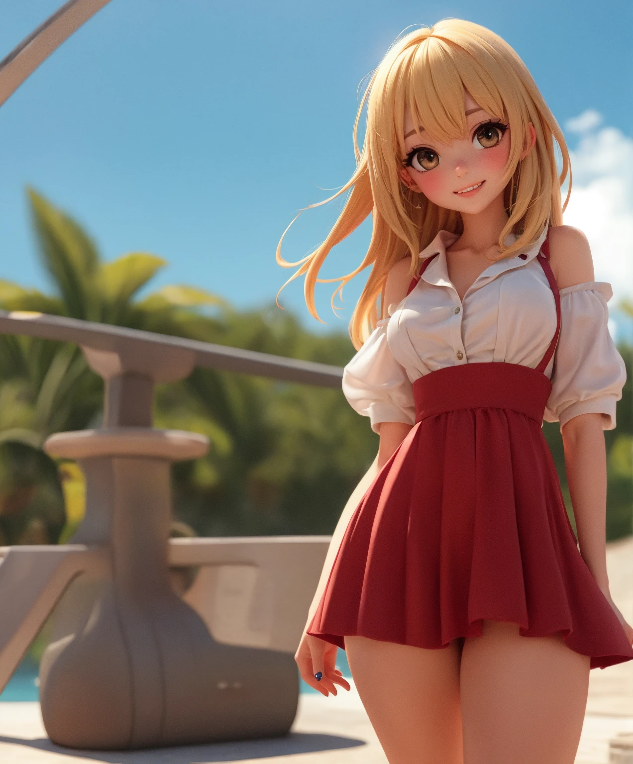 extremely delicate and beautiful,
depth of field,amazing,masterpiece,growth,visual impact,
ultra-detailed, highly, Amazing finely detail,
palm_tree, 1girl, palm_leaf, plant, breasts, flower, swimsuit, swing, blurry_foreground, water, hair_ornament, solo, long_hair, red bikini, grass, bow, hair_flower, cleavage, soaking_feet, smile, leaf, open_mouth, blue_eyes, tree, navel, hair_bow, thigh_strap, small_breasts, sitting, looking_at_viewer, blonde_hair, very_long_hair, frills, leg_garter, bamboo, blurry, frilled_bikini, sidelocks, bare_shoulders