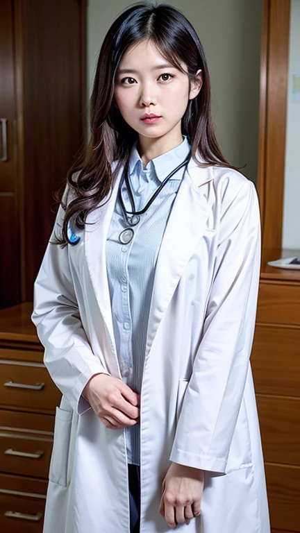 Realistic beautiful doctor、Stunning beauty、Doctor's white coat, Collared shirt、(Top quality、8K、32K、masterpiece、nffsw:1.3)、Ultra-high resolution,(Photorealistic:1.4),Original Photography, Delicate face,,Dark Brown Curly Hair, ((Doctor style)), , Black tight skirt、 Natural Makeup,, Full breasts、Inside the hospital, Detailed background, Perfect lighting, Depth of Field, Beautiful shadow gradient,Stethoscope ,