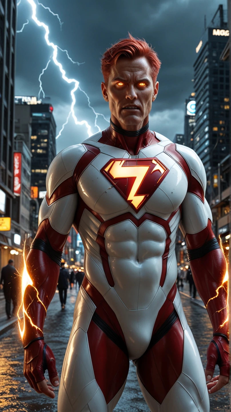 flying, young handsome muscular superhero, bright white glowing skin, bright fiery aura, with spikey blond hair, smiling, wearing yellow full body skin tight suit