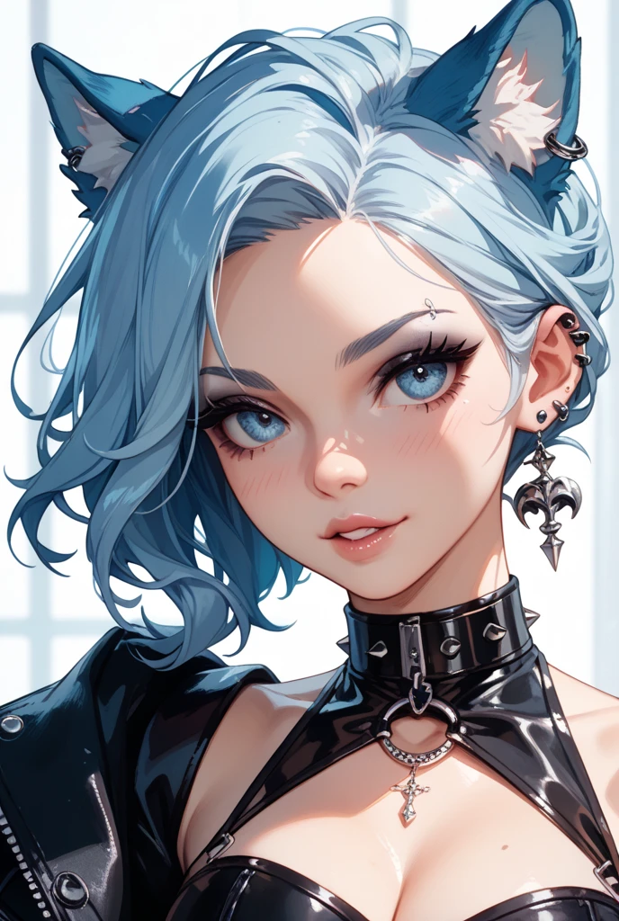beautyfull  white woman, blue buns hair, white dress, black luxurious coat, red lipstick, white chocker
