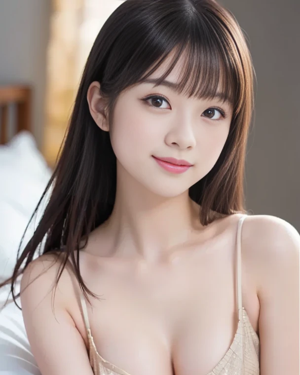 ((Highest quality、masterpiece、High resolution))、(((Zoom photo of upper body、Brown Hair)))、(A shy smile:1.2)、One Woman、Beautiful Skin、Beautiful Eyes、Cleavage、No clothes、Shorn bangs、ponytail、Beautiful nipples are visible