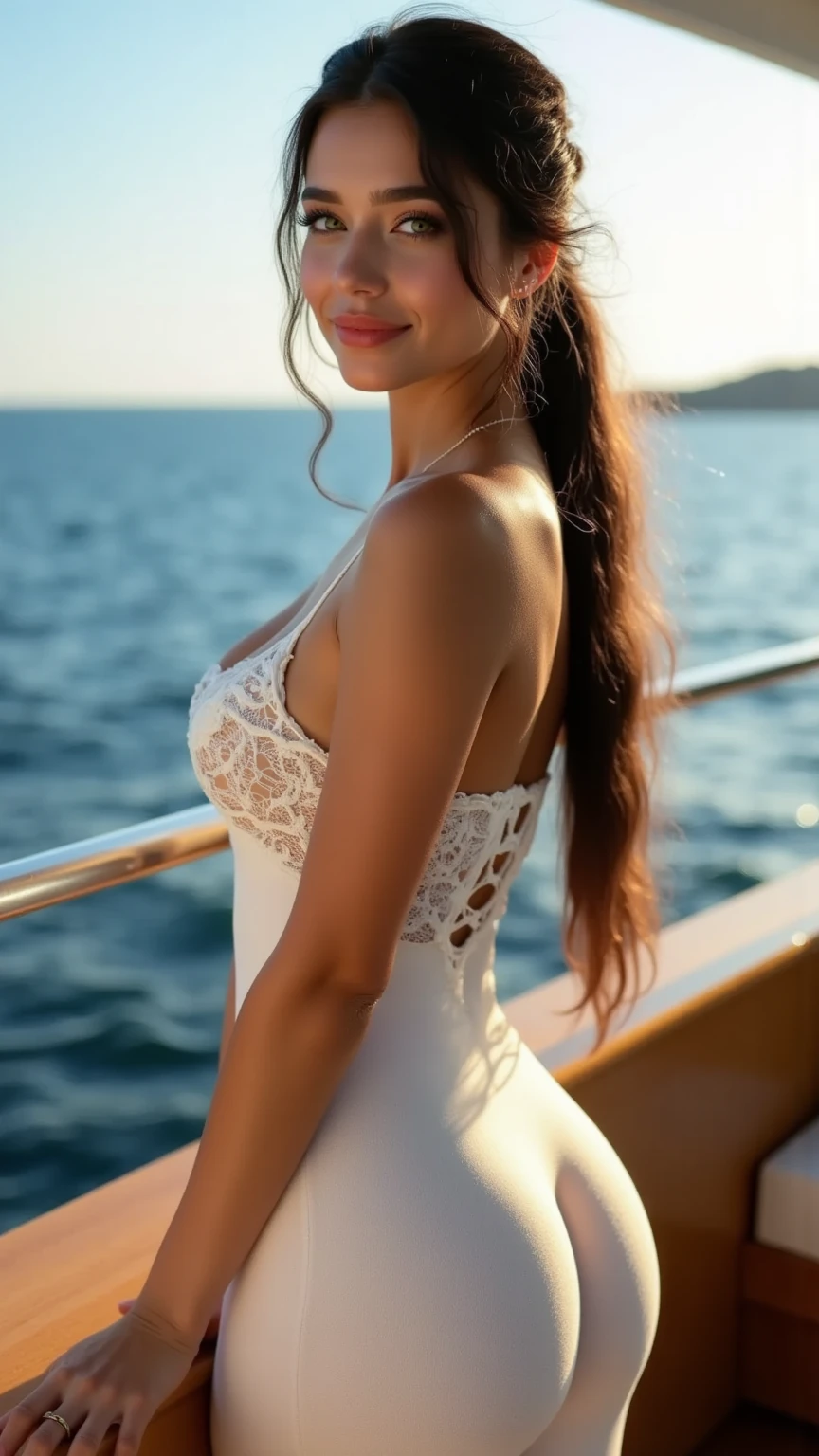 ((best quality)), ((masterpiece)), (detailed), perfect face, age about 20 years old, 1 girl, blue eyes, brown hair, athletic build, thin body, average breast size, smiling, dressed in a dress, on a ship at sea, flowing long hair, full length