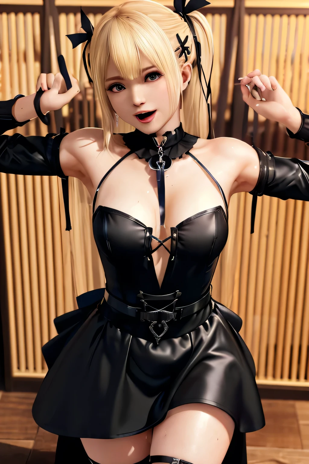 a futuristic female warrior holding a katana, (finely detailed skin), pale skin, (in a deep neckline highly detailed sexy futuristic cyberpunk black crop top and underpants made of circuit boards, japanese words with a flare effect, beautiful epic composition, futuristic, masterpiece, appealing, posing for a photo